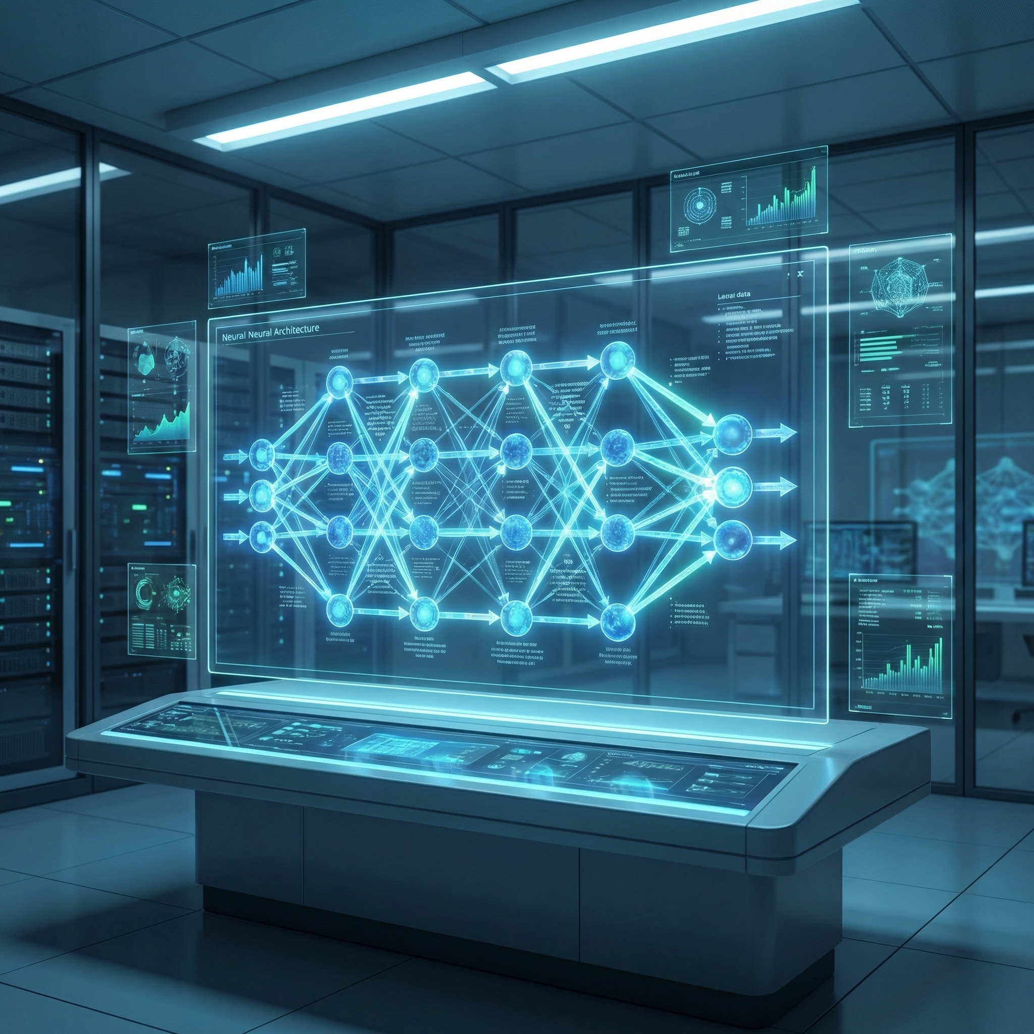 Futuristic visualization of a horizontal neural network architecture displayed as a glowing digital interface in a high-tech laboratory.Multiple rows of luminous nodes arranged in a wide horizontal structure, each node connected by bright data pathways and directional arrows showing information flow.The network forms a complex web of connections between layers, illustrating machine reasoning and synthesis.The system appears projected as a holographic display above a sleek tablet-like control platform.Surrounding environment includes subtle data dashboards, diagrams, and analytical panels floating in the background.Blue and cyan neon light effects, transparent holographic interface elements, high-tech server room atmosphere, cinematic lighting, ultra-detailed digital visualization, futuristic AI research environment.