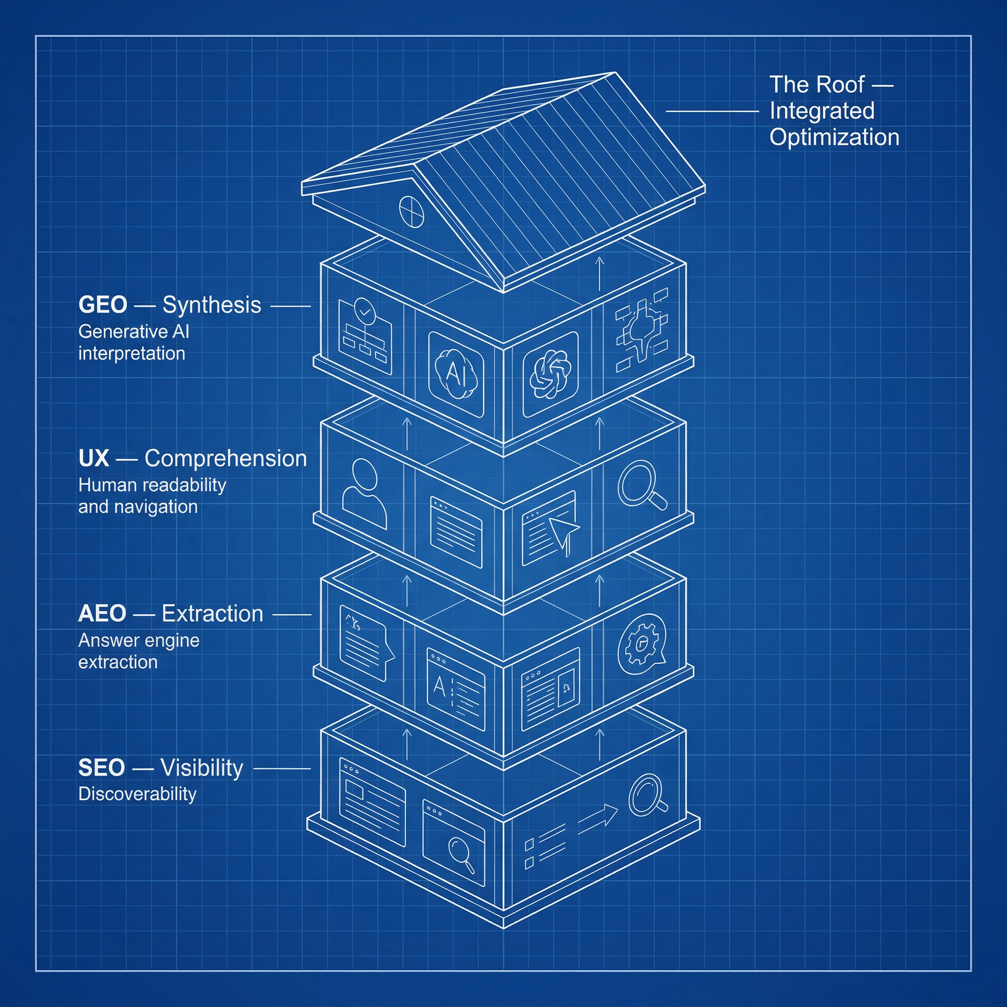 Blueprint-style infographic illustrating a layered architecture of modern content optimization.Dark cobalt-blue blueprint background with glowing white technical line diagrams.Four stacked architectural layers forming a vertical structure like a building cross-section.Bottom layer labeled SEO — Visibility representing discoverability.Above it a second layer labeled AEO — Extraction representing answer engine extraction.Third layer labeled UX — Comprehension representing human readability and navigation.Fourth layer labeled GEO — Synthesis representing generative AI interpretation.At the top of the structure is a roof element labeled The Roof — Integrated Optimization symbolizing the unified system.The layers are connected by subtle arrows showing upward progression.Clean architectural blueprint aesthetic, technical diagram style, glowing white lines, minimal icons, precise geometry, professional information architecture diagram.architectural blueprint style, technical schematic, glowing white lines on dark cobalt blueprint background, minimal design, symmetrical layout, clean geometry, high clarity infographic, professional information architecture diagram, ultra sharp, 4kvertical infographic layoutstacked layersroof element on toparrows indicating upward progressioncentered compositionbright marketing colors, cartoon style, flat marketing infographic, neon gradients, cluttered layout, futuristic sci-fi scene