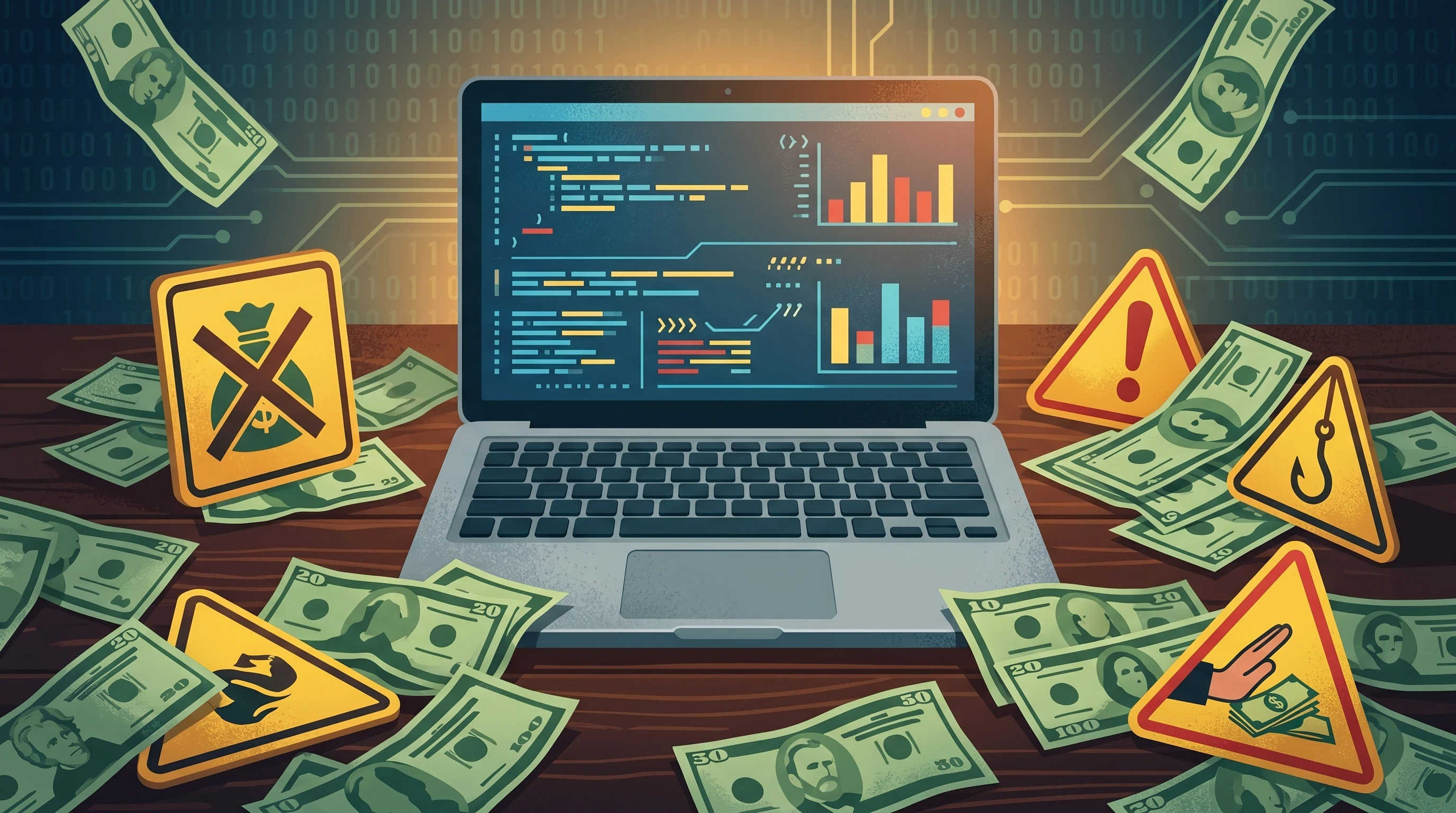 A digital illustration of a laptop surrounded by dollar bills and scam warning signs