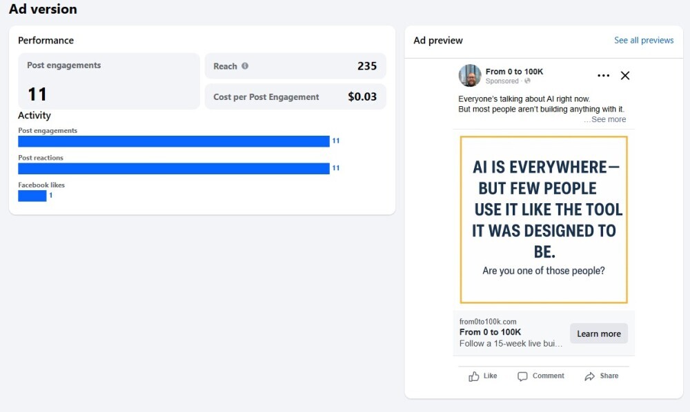 Ad 3 conversation ad results with reply metrics and sample creative