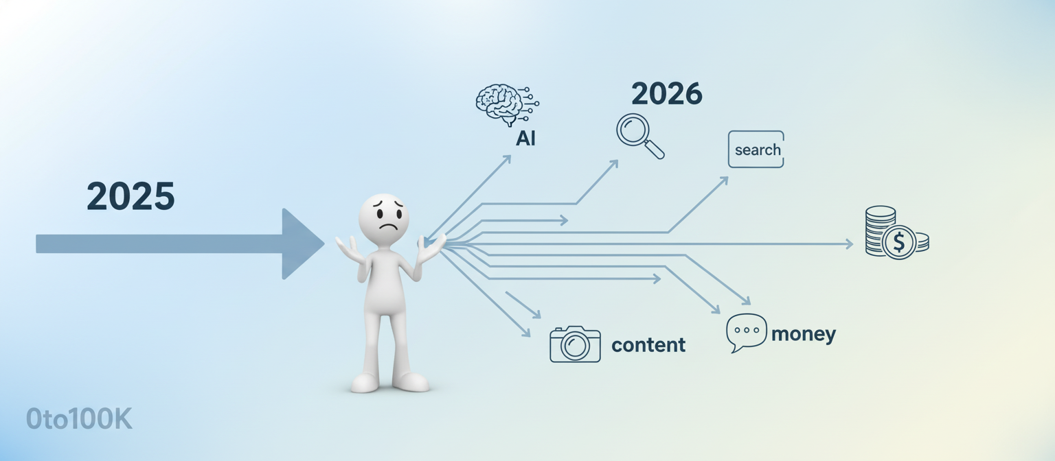 Stick figure standing at a crossroads in affiliate marketing, facing different paths and trends for 2026