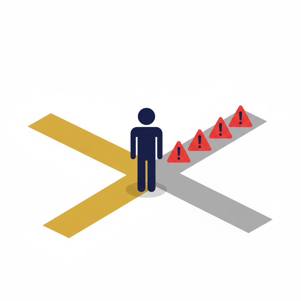 Warning sign with stick figure and broken money path, representing affiliate marketing red flags
