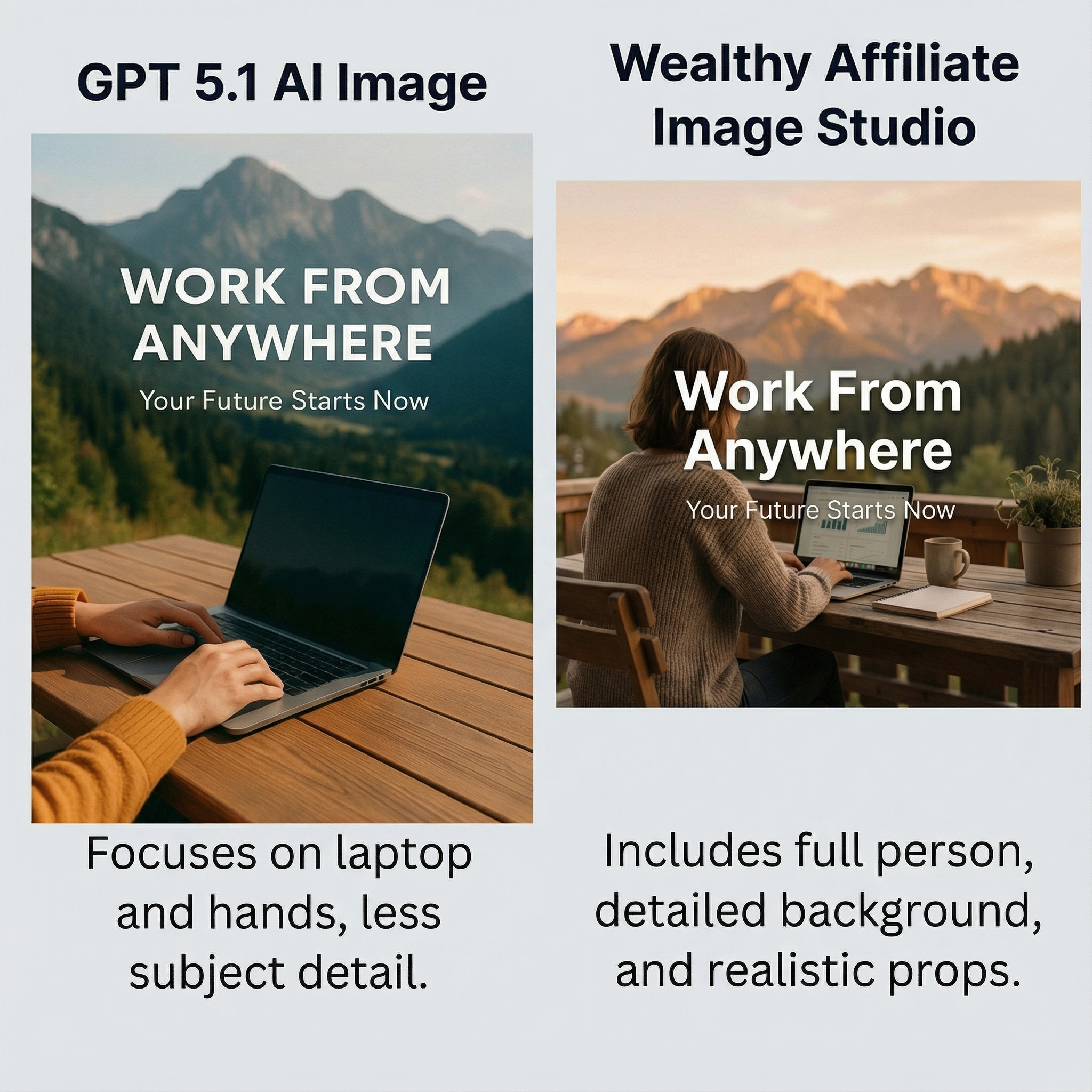 Side by side comparison of GPT 5.1 image output and DSGNPop Image Studio output using the same Work From Anywhere prompt