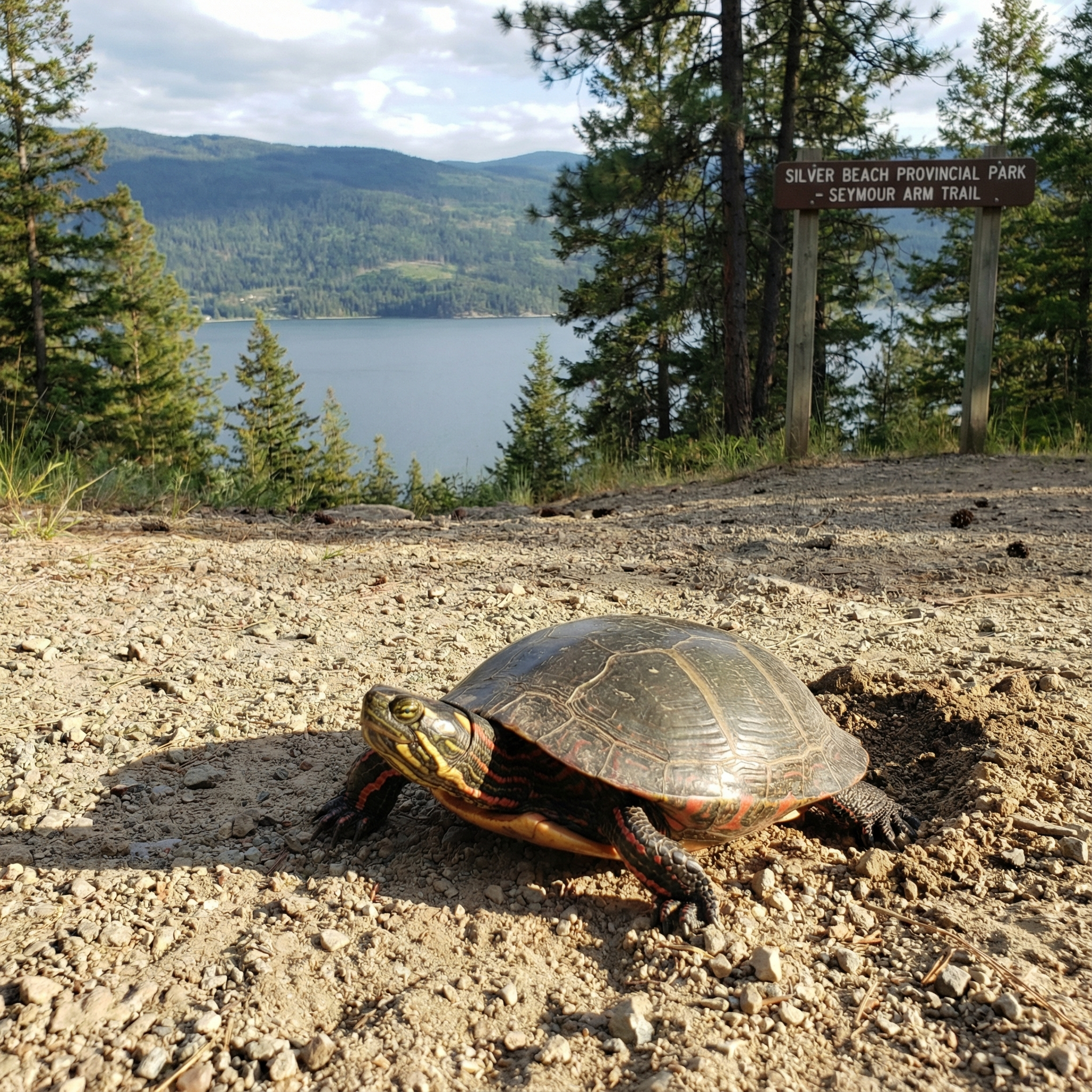 Western Painted Turtle digging a nest on a trail near Shuswap Lake in British Columbia