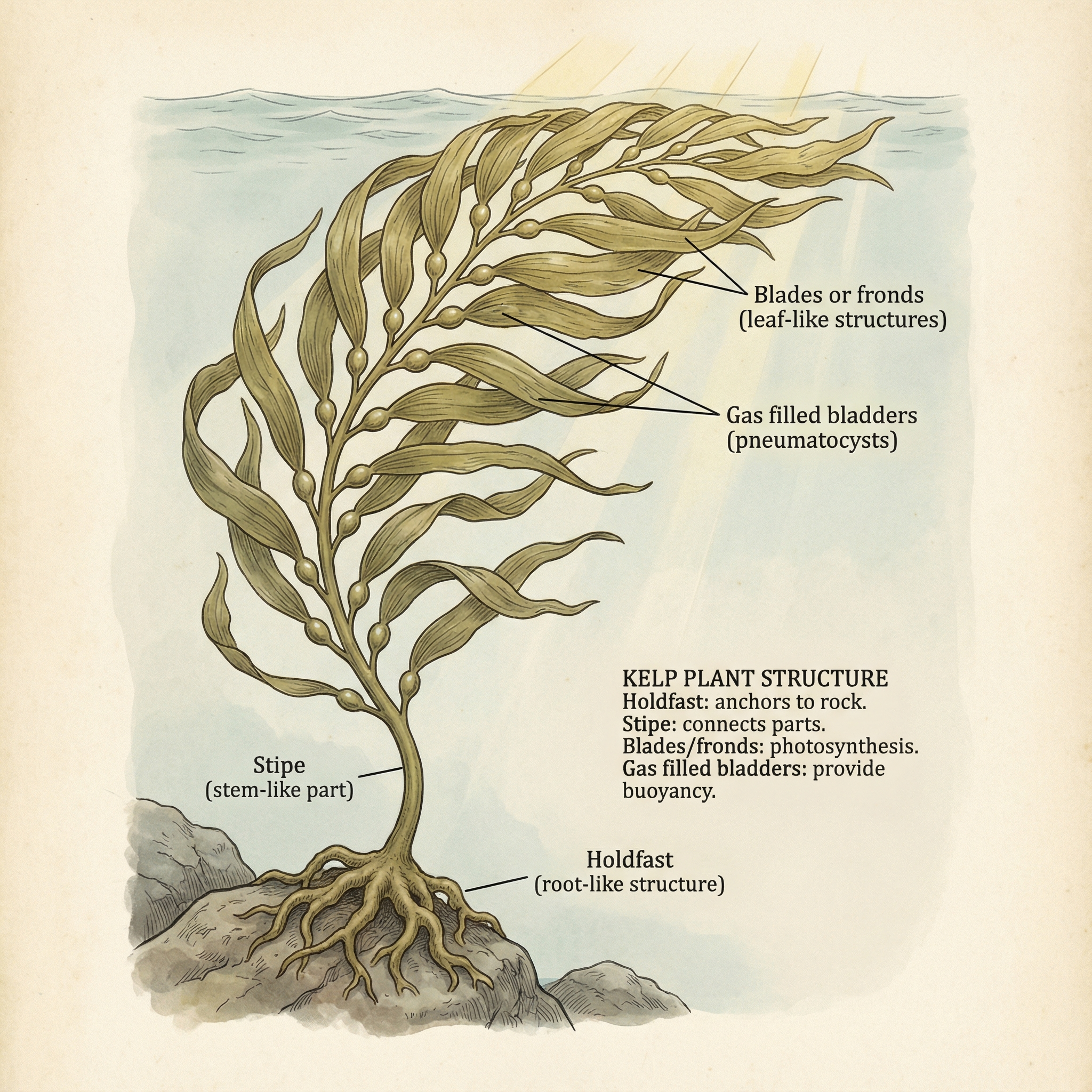 Labeled diagram of a kelp plant showing holdfast, stipe, blades and gas filled bladders