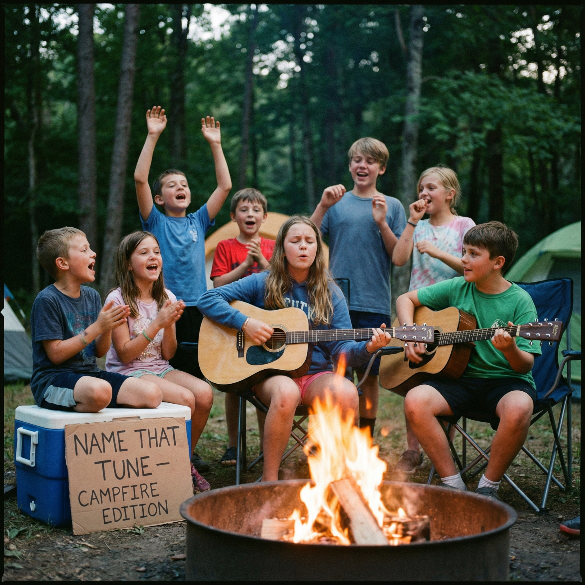Campfire scene with guitar and music notes illustration