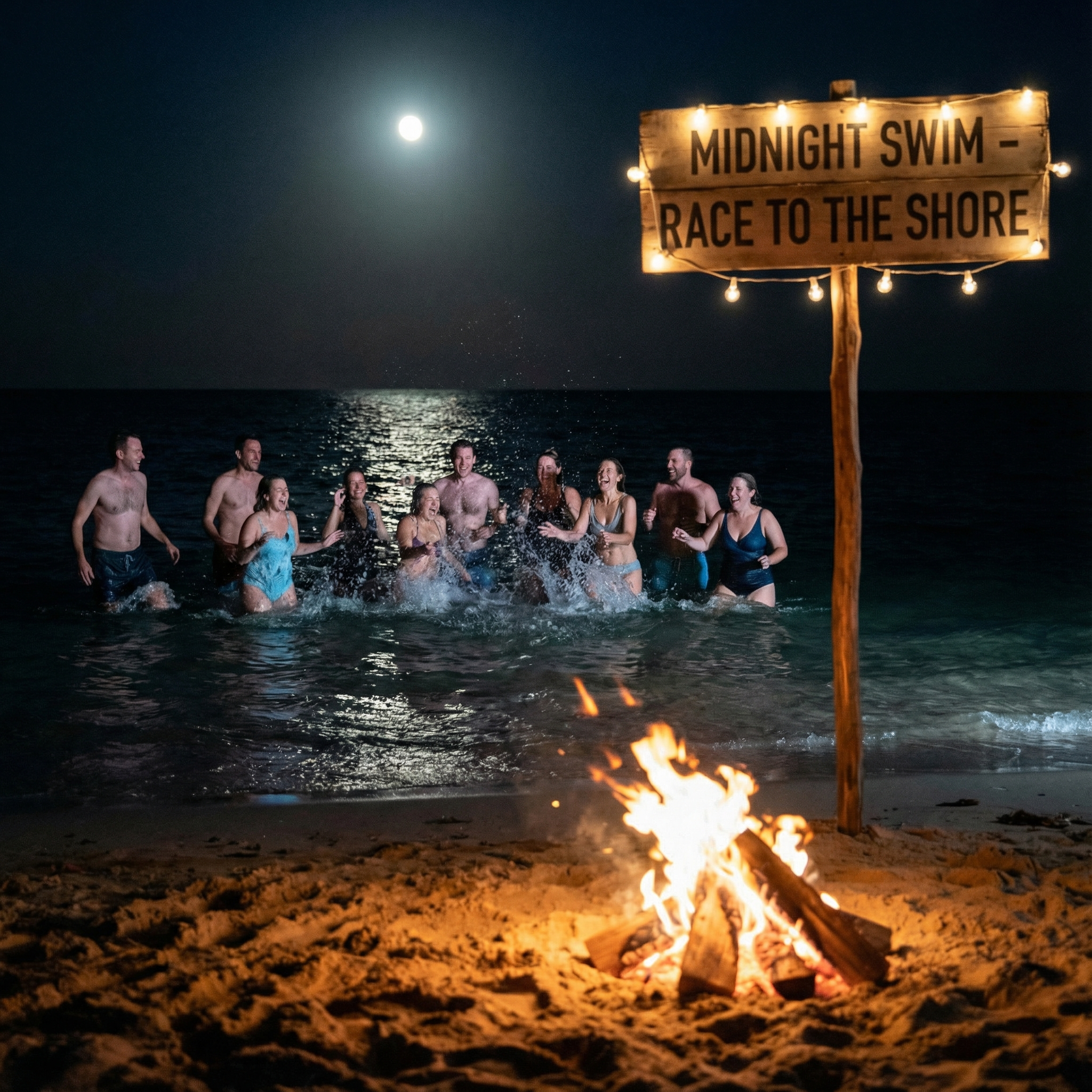 Midnight swim illustration with moonlit water