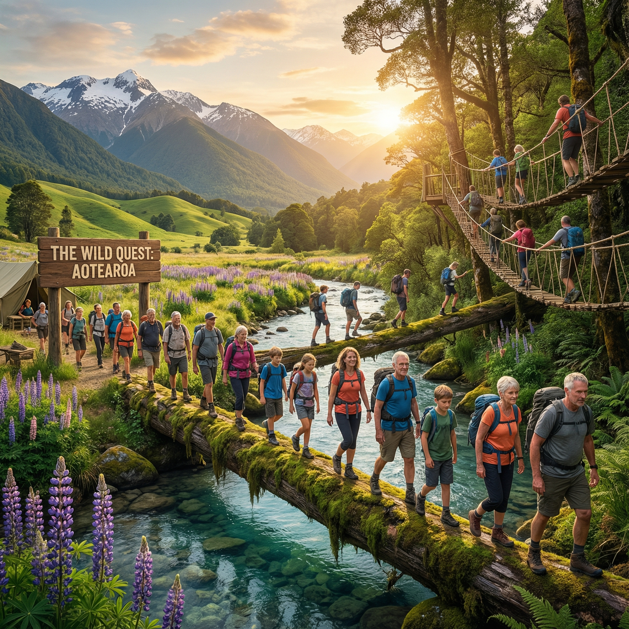 Illustration of outdoor nature games in a forest setting