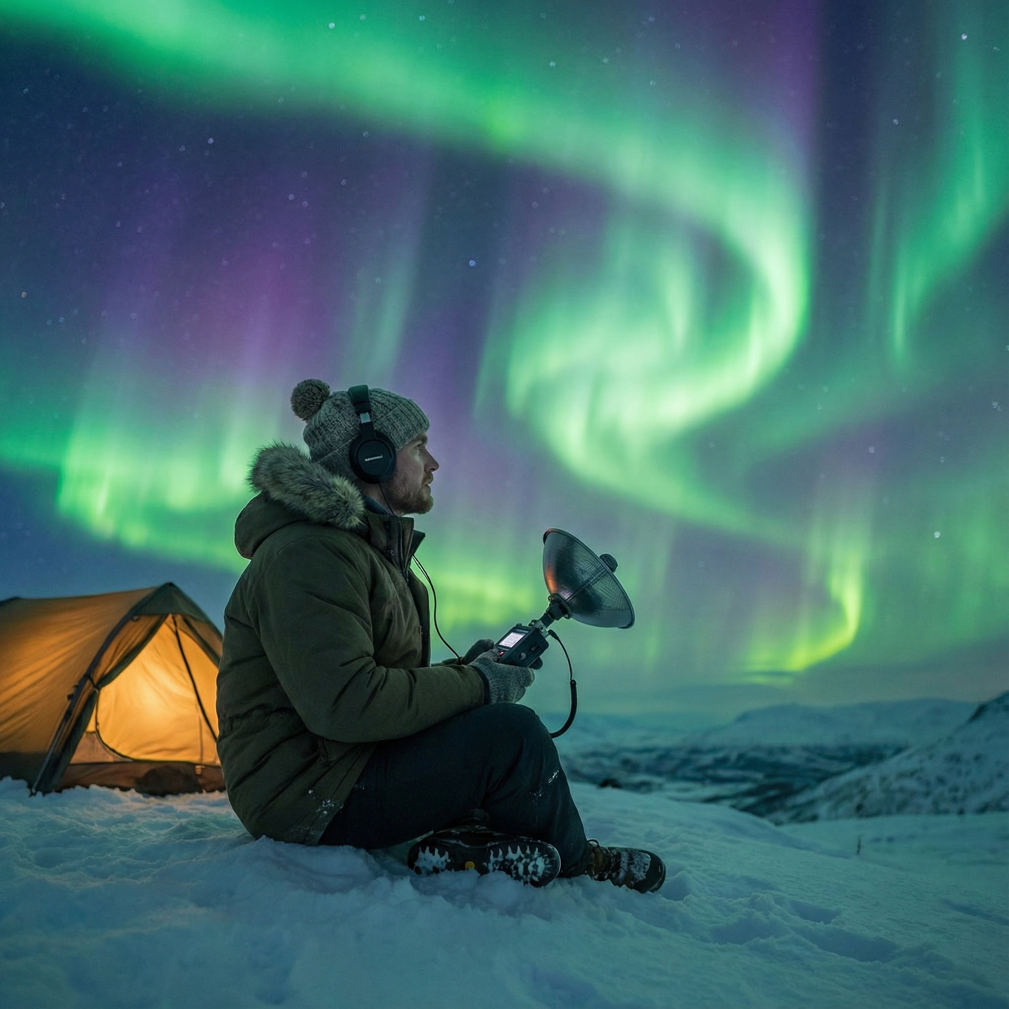 Person listening to the Northern Lights in a winter landscape