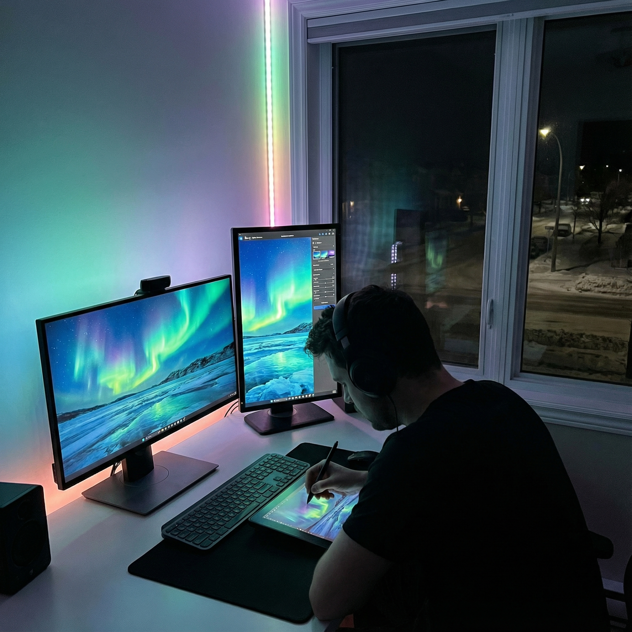 Digital artist recreating an aurora scene on a tablet