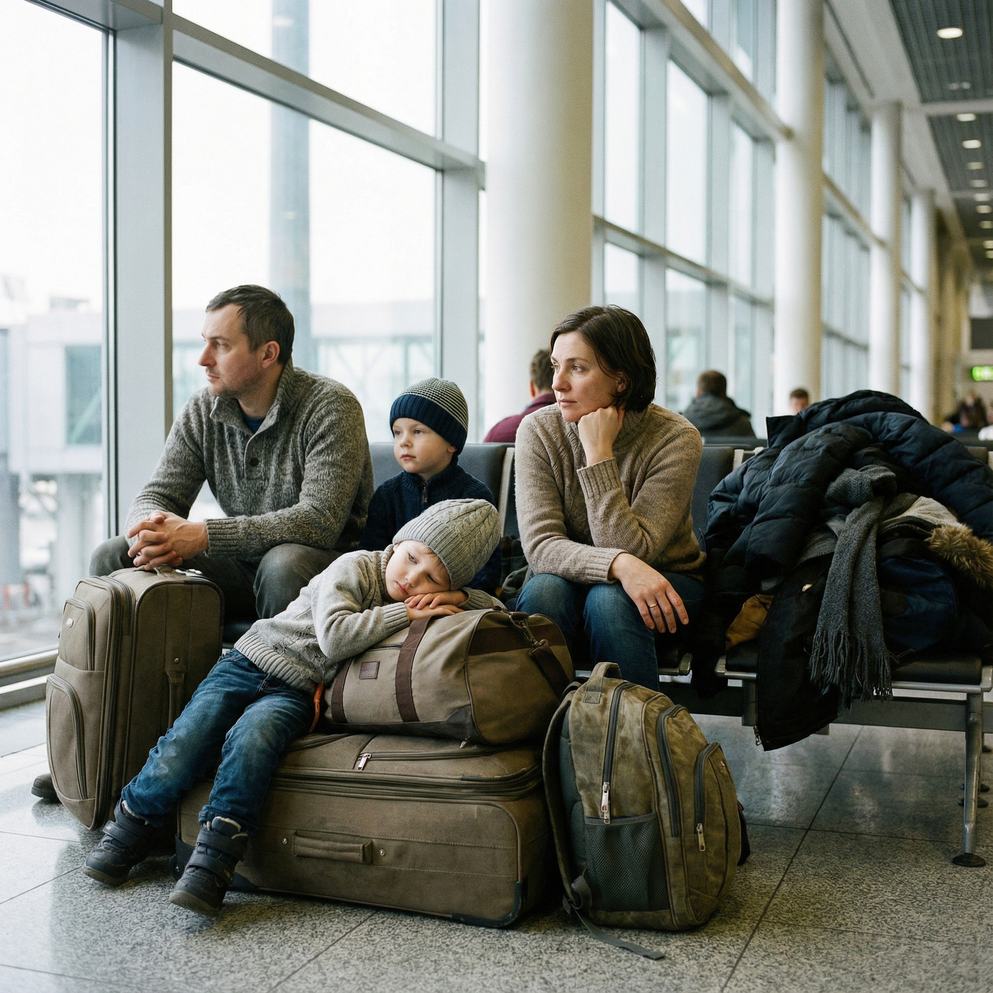 Family travel fatigue moment illustrating why winter planning matters