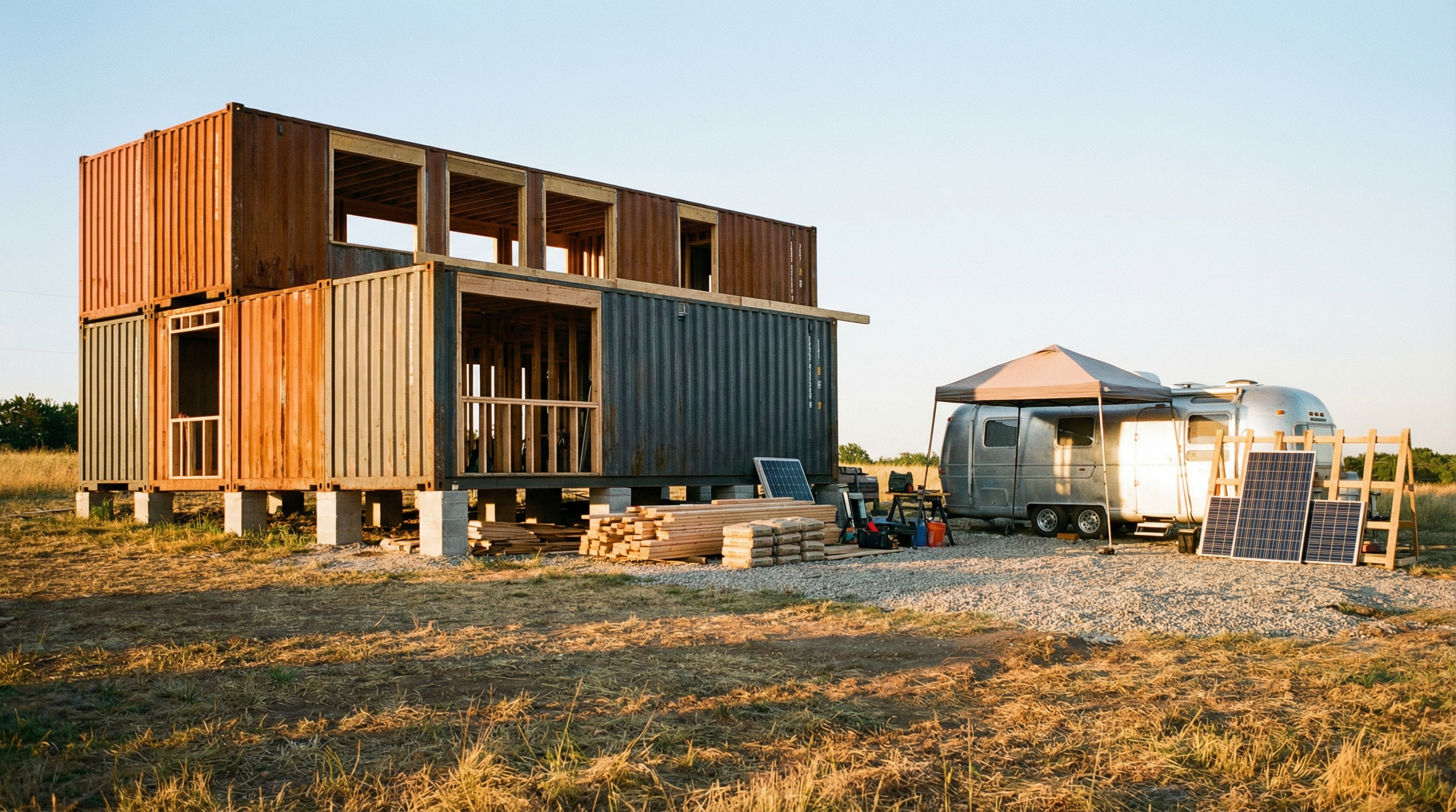 Modern shipping container home build concept on rural land