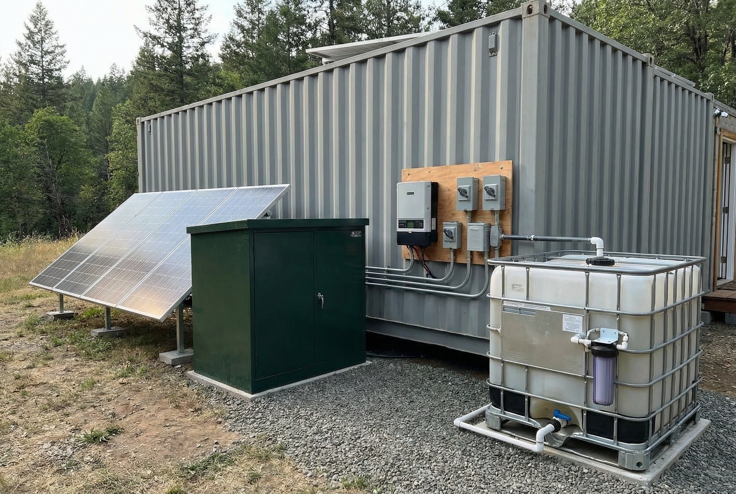 Off-grid solar, battery, and water systems for a container home