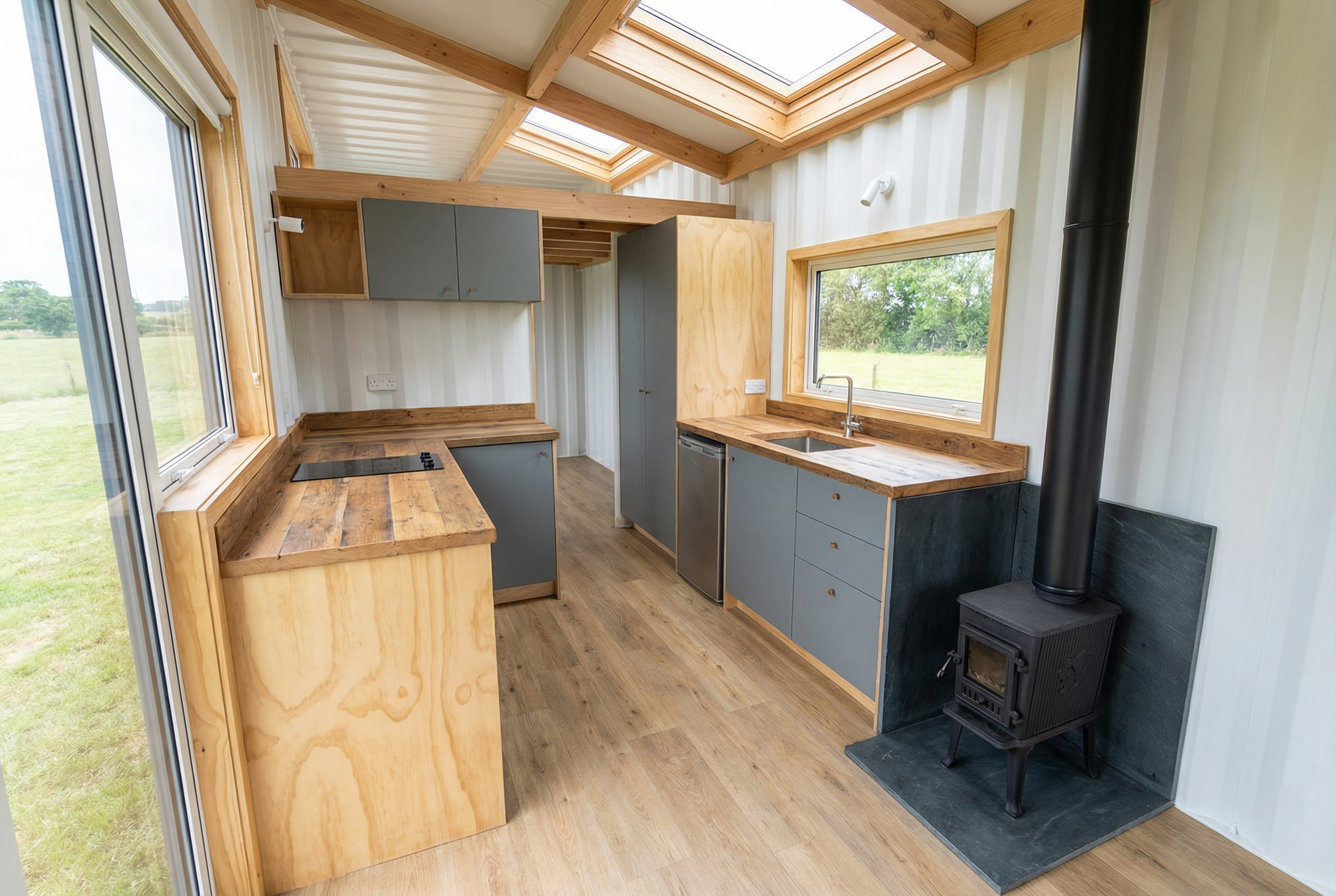 Finished container home interior designed for small-space living