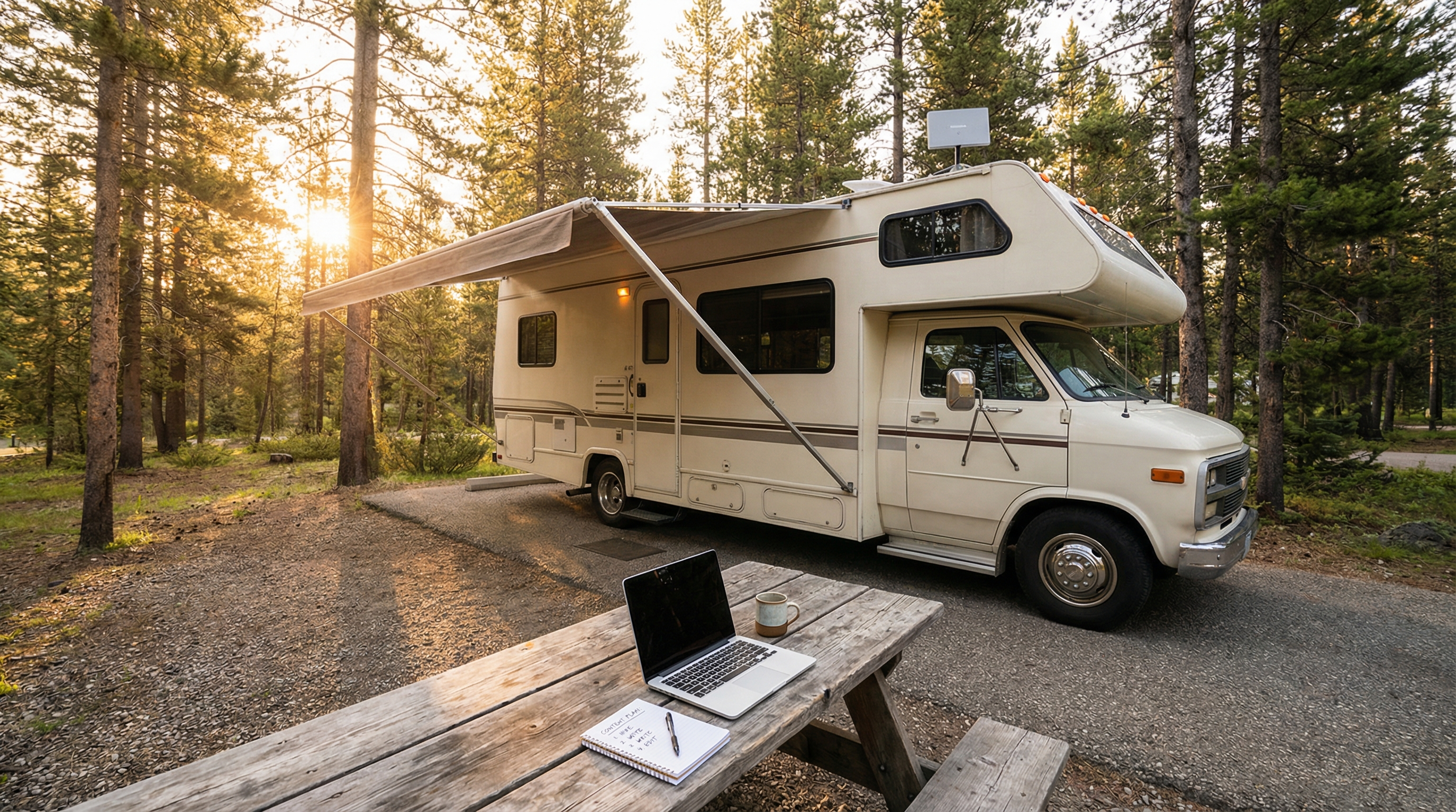 RV lifestyle workspace with laptop and planning tools at a campground