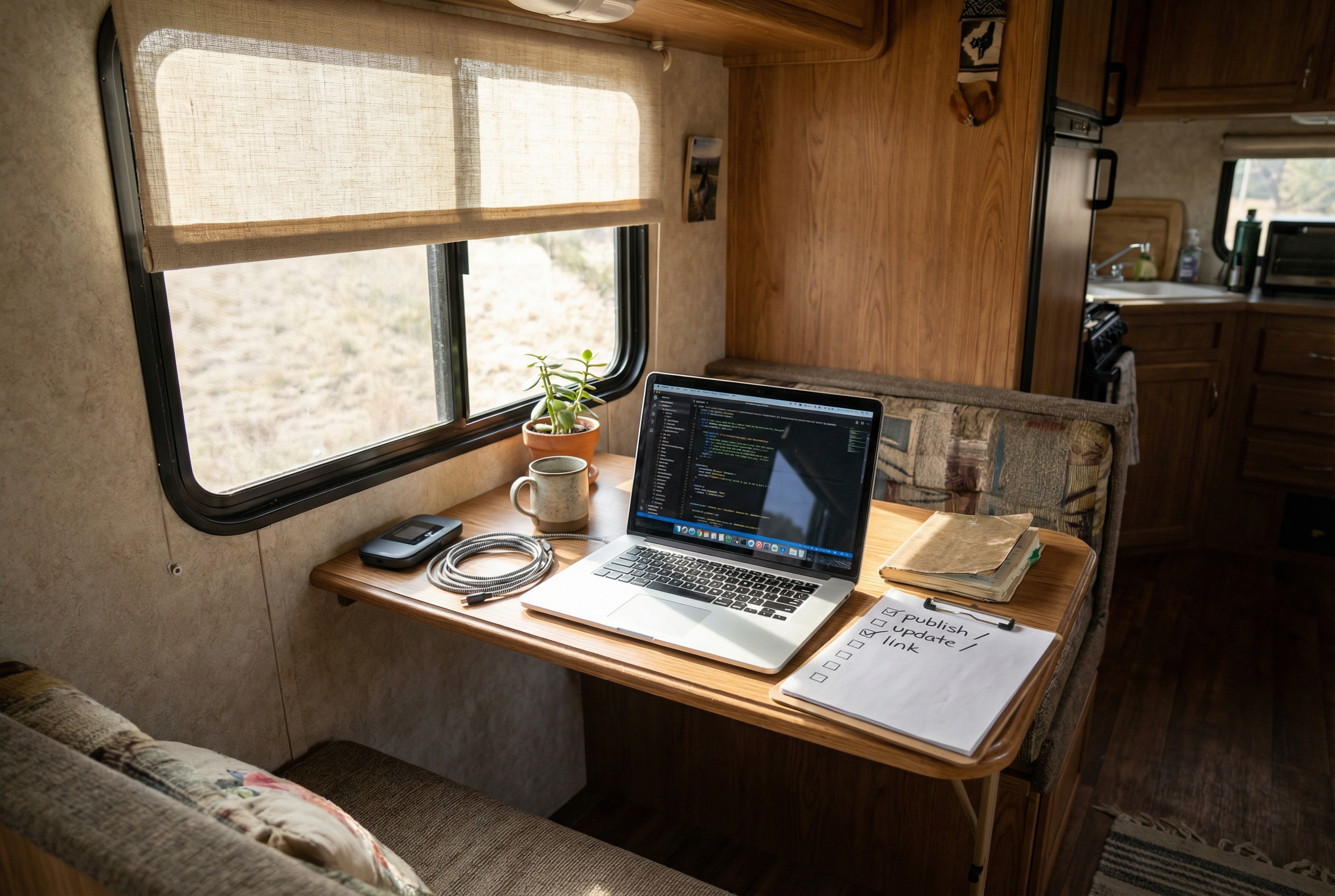 RV workstation showing laptop and content planning checklist