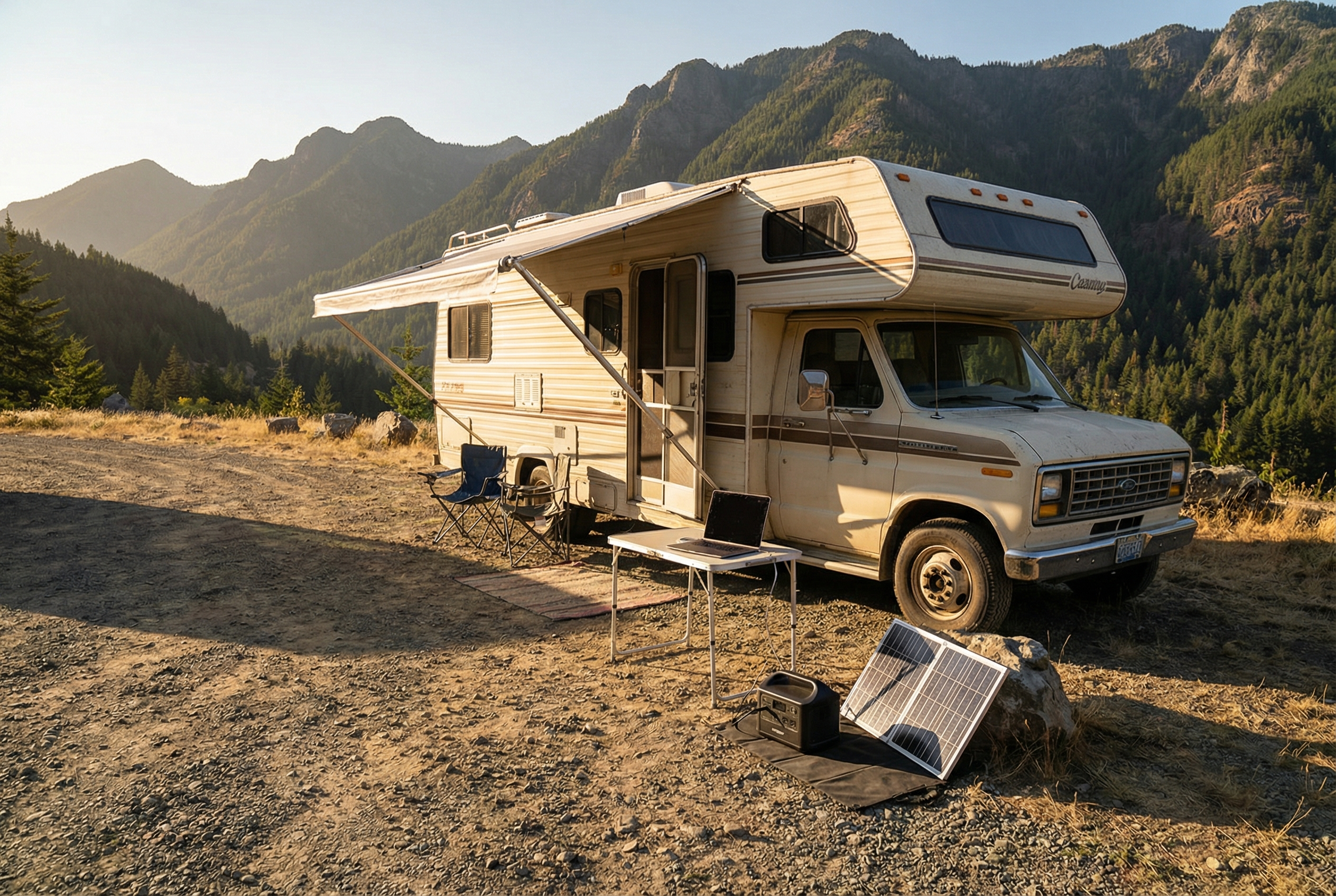 RV parked off grid with laptop and solar setup