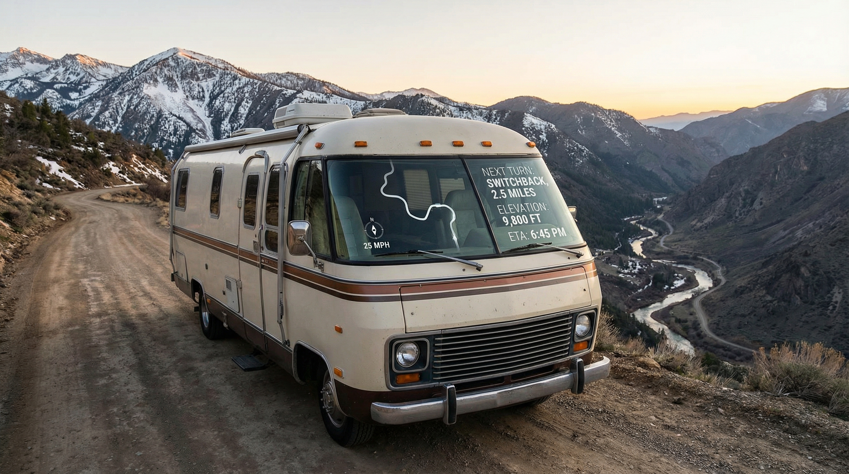 RV driving through mountain road with navigation context