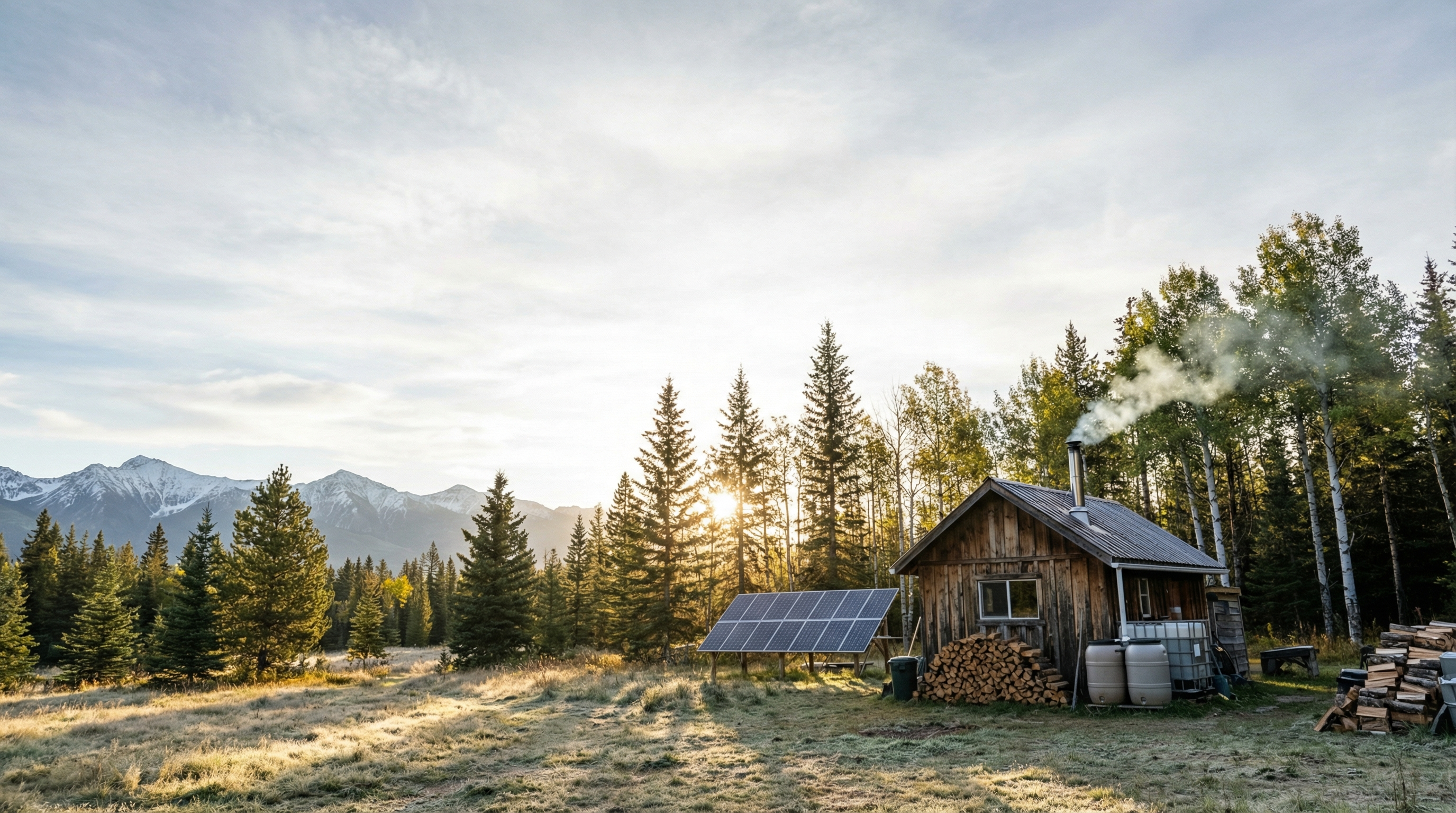Off-grid cabin in Canada with solar power and wood heat