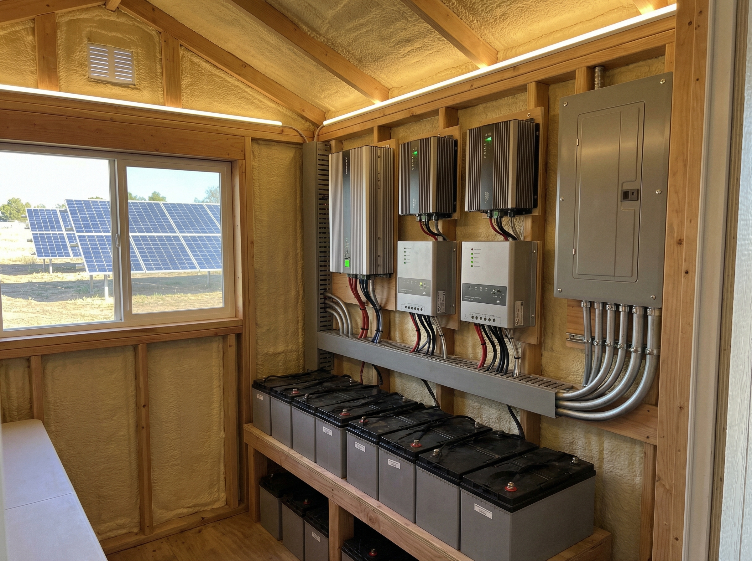 Off-grid solar power system with batteries and inverter