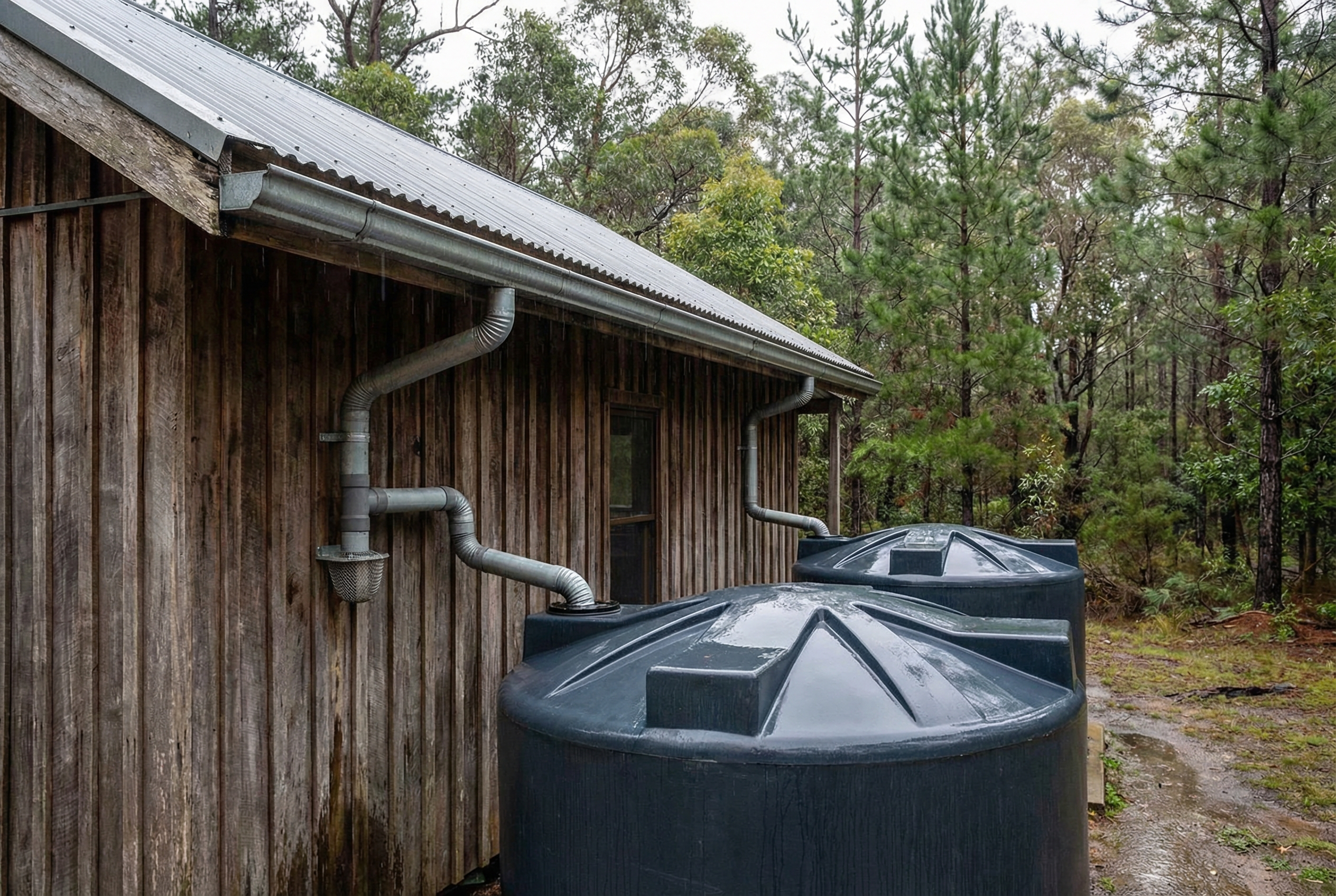 Rainwater collection and water storage for off-grid living