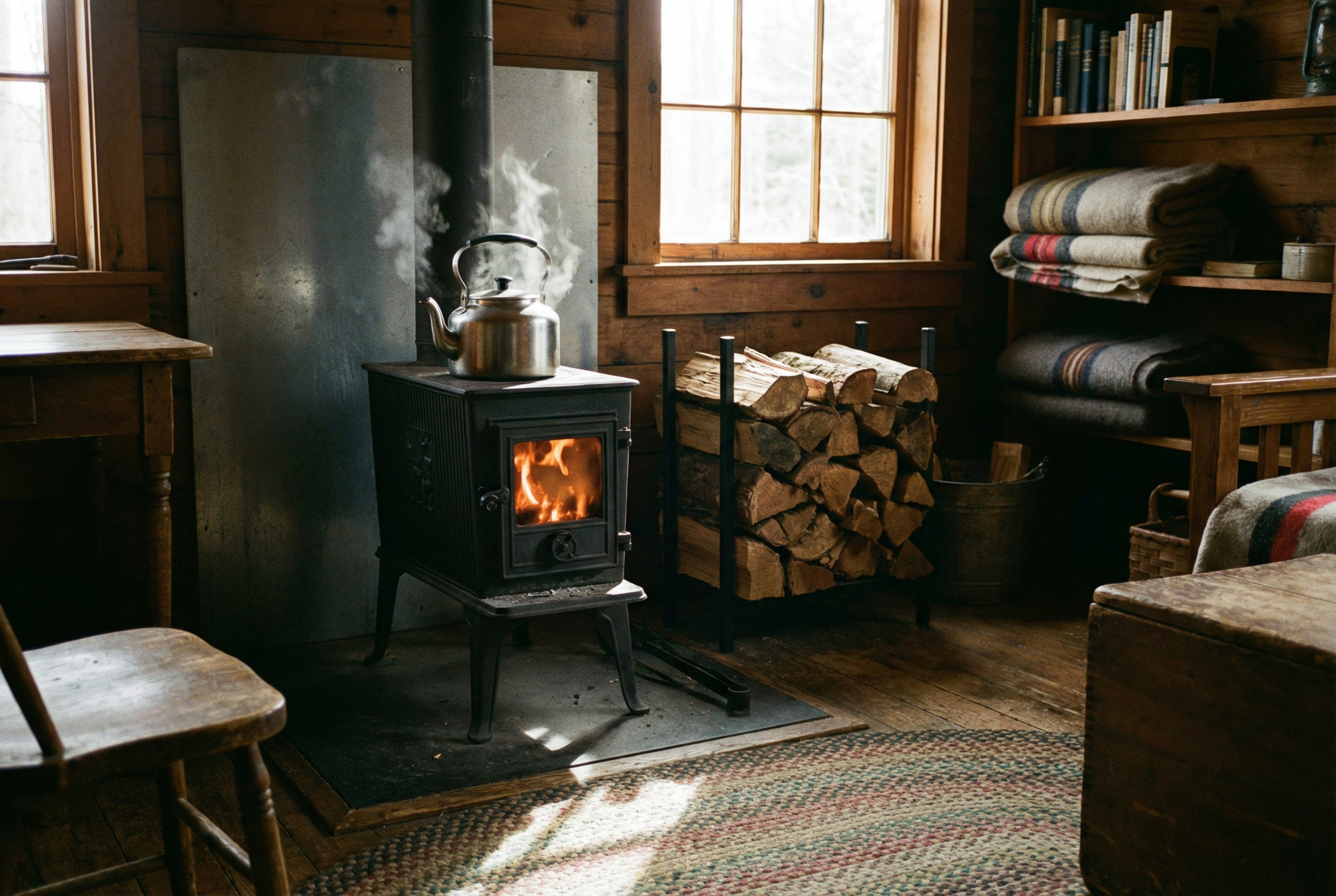Off-grid cabin heat with wood stove
