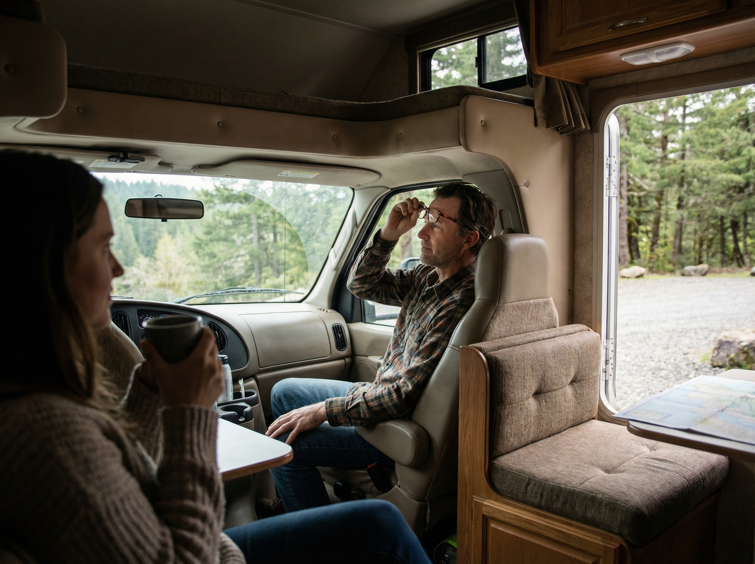 RVer using prescription glasses inside RV at campground