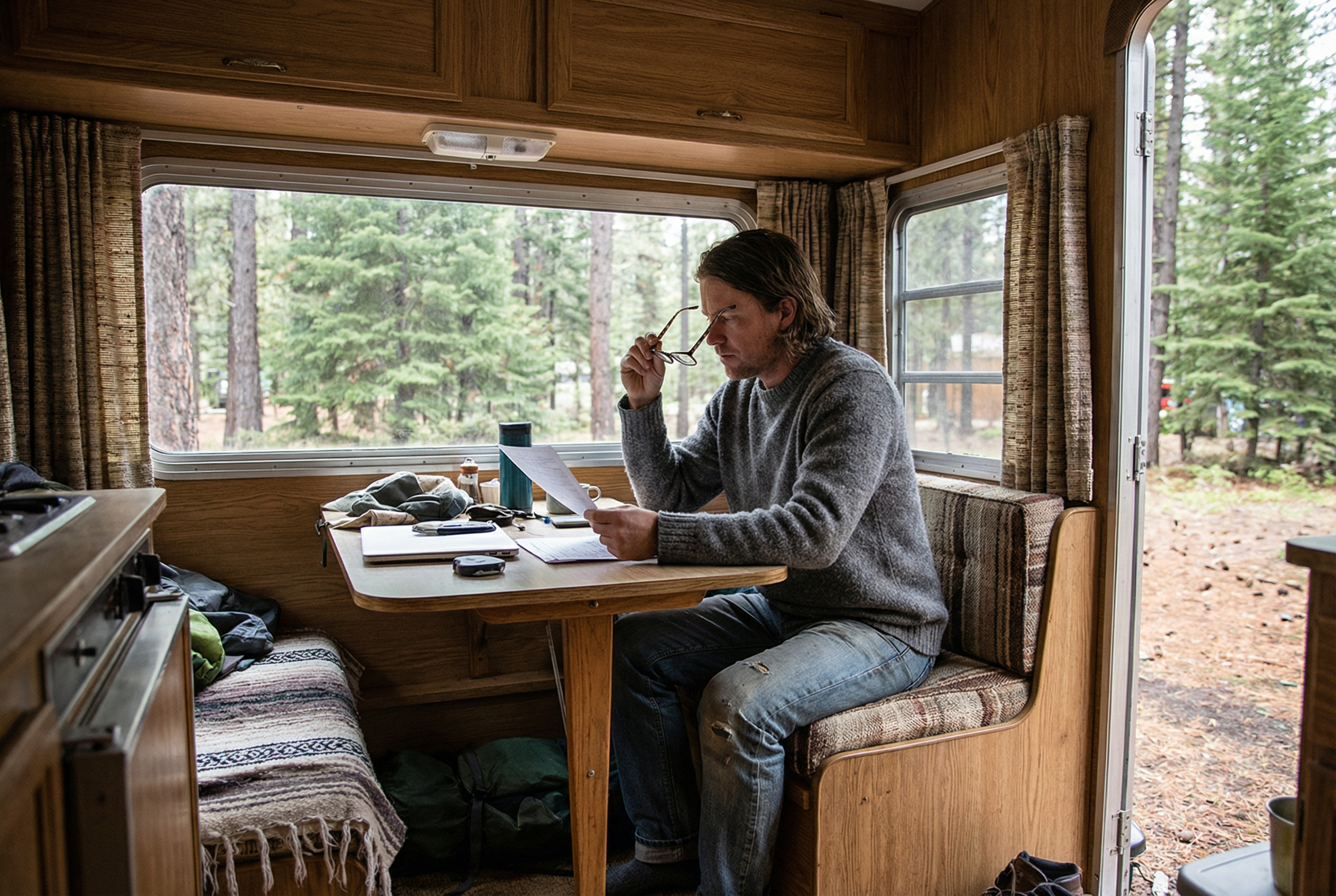 Solo traveler reviewing glasses inside travel trailer