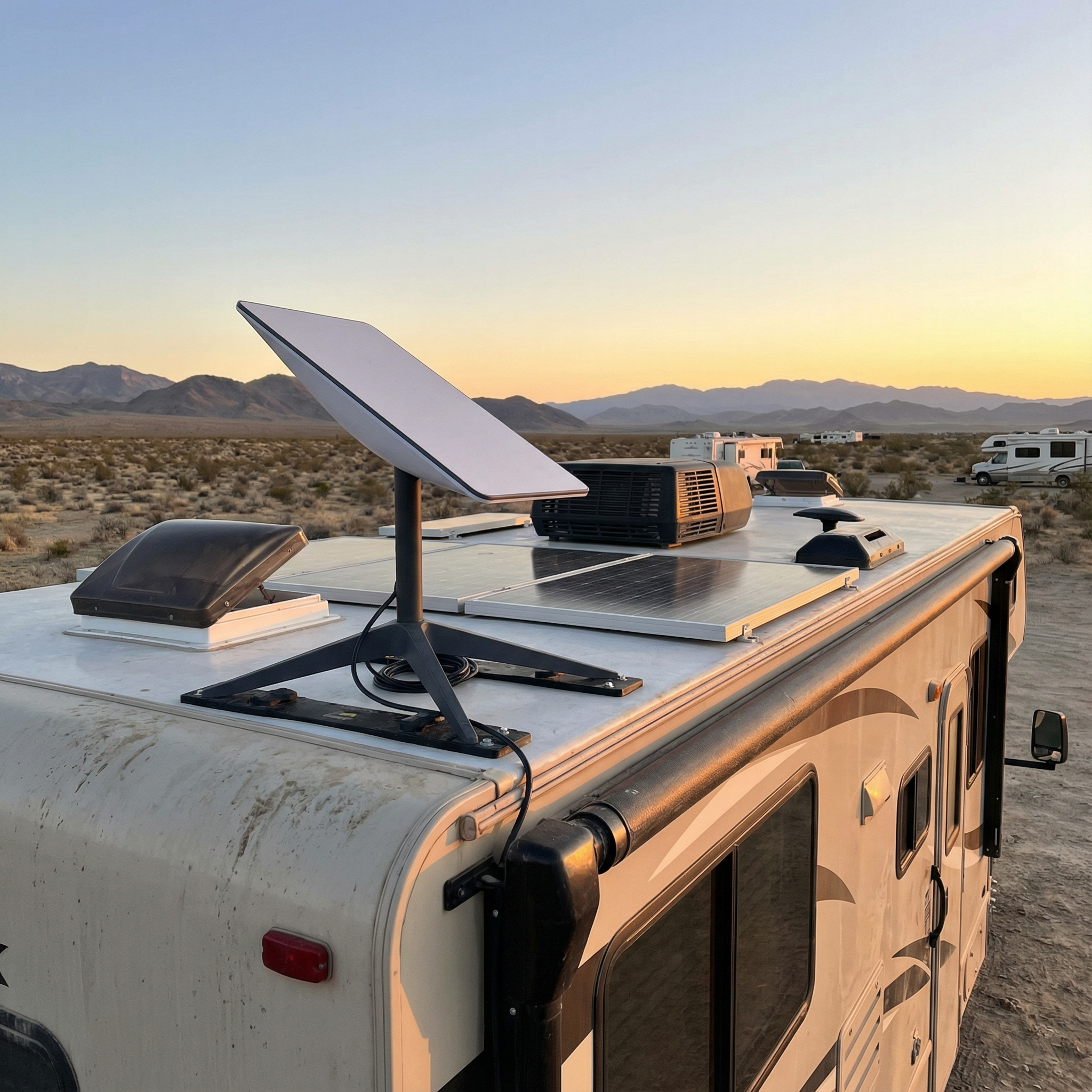 Starlink setup mounted on an RV roof