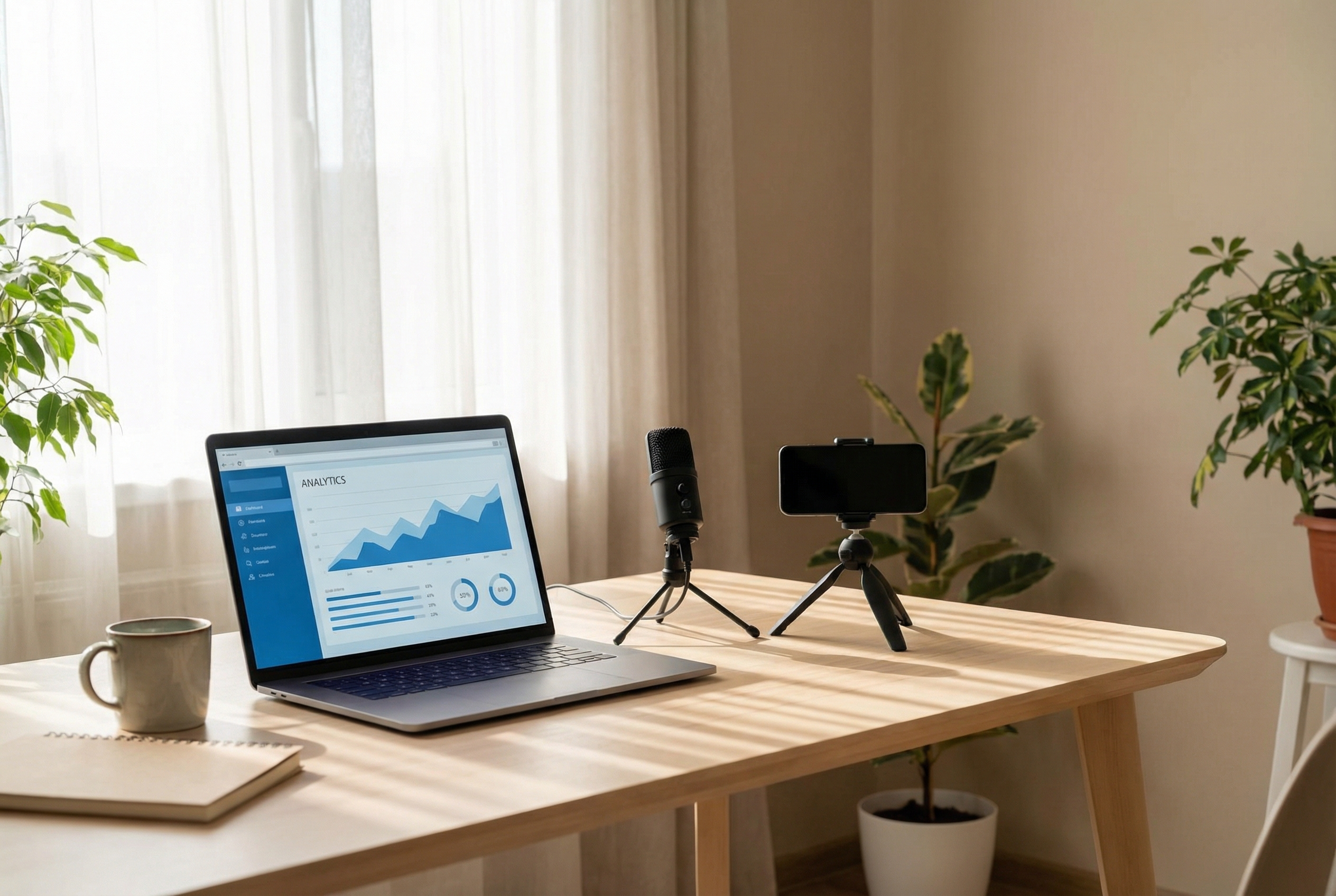 A realistic beginner YouTube workspace with simple recording gear and a laptop, focused on learning and clarity.