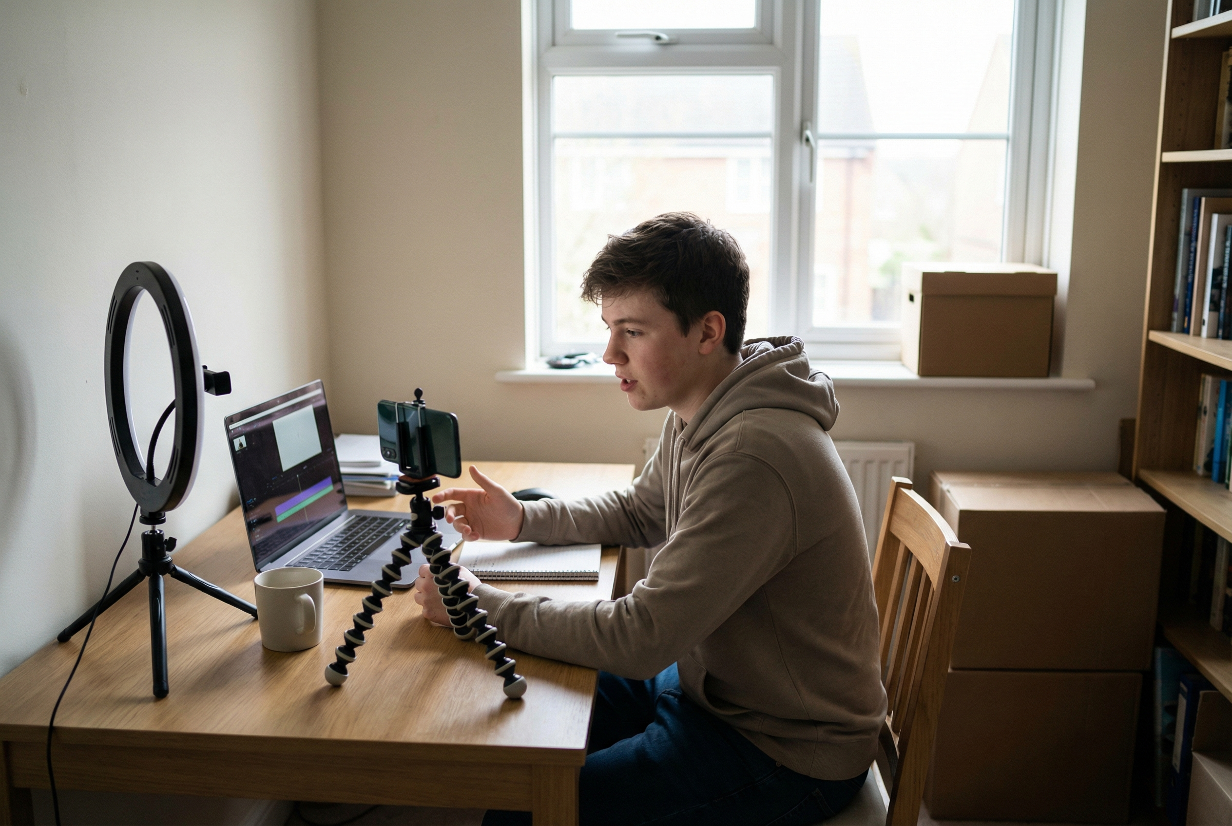 A beginner recording a YouTube video with minimal equipment in a realistic home environment.