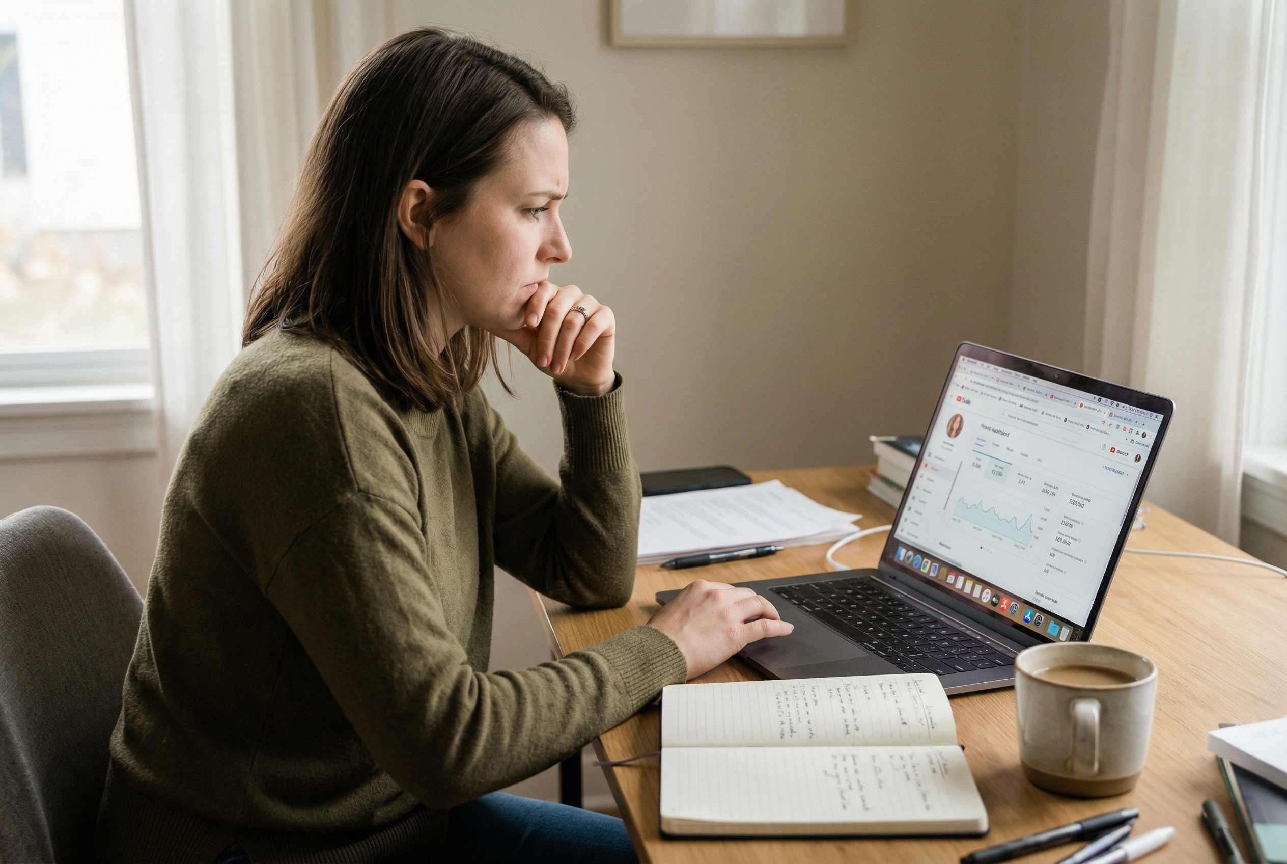 A creator calmly reviewing YouTube analytics and notes, focused on learning and problem-solving.