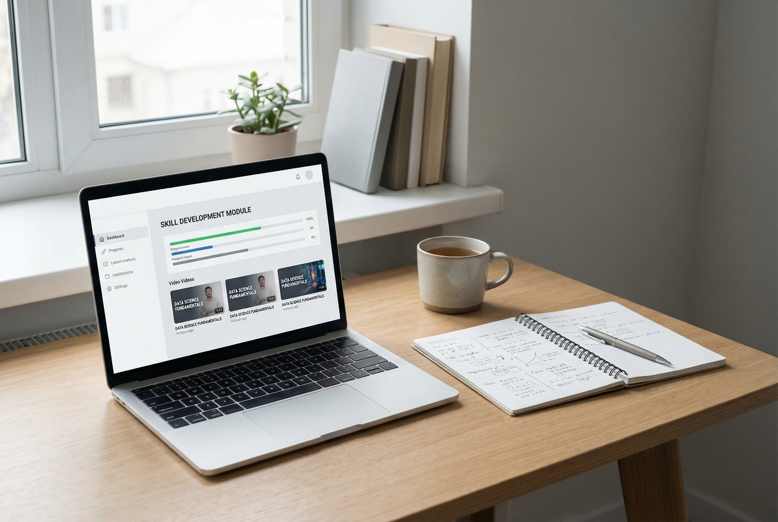A calm learning workspace with a laptop and notes, representing long-term skill development.