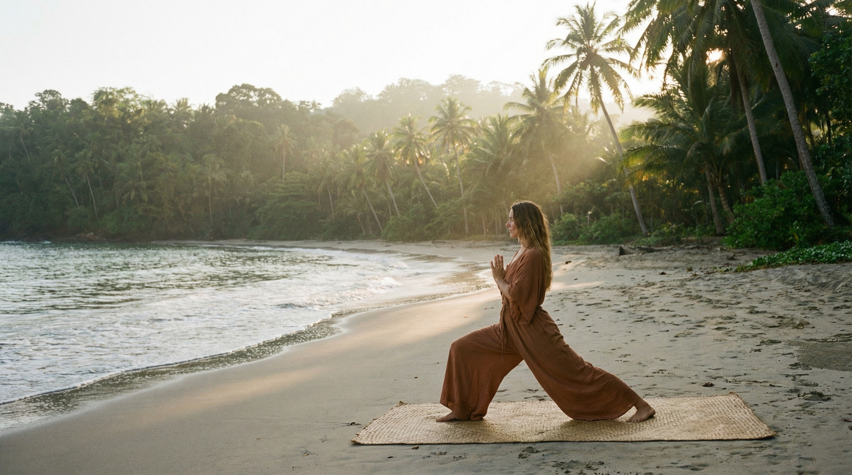 Outdoor yoga on a quiet tropical beach at sunrise, combining travel and nature-based wellness
