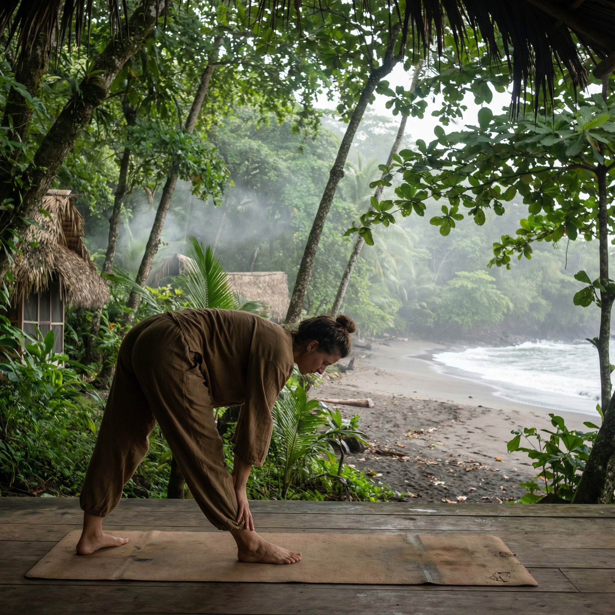 Beach yoga in Costa Rica with jungle scenery, showcasing outdoor wellness travel