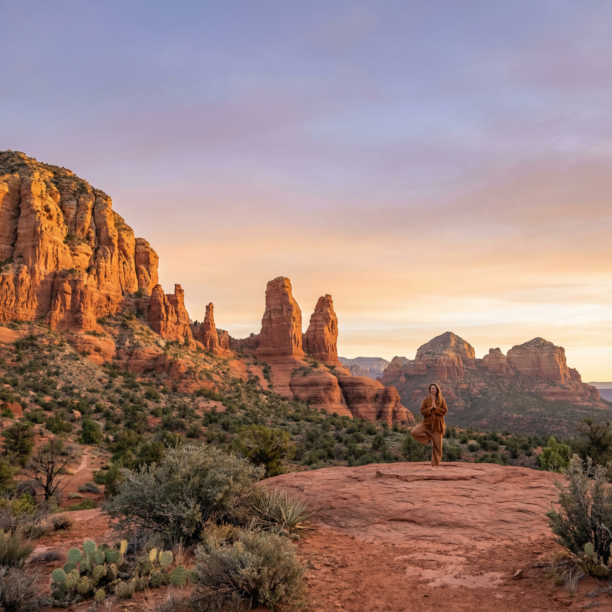 Yoga practice in Sedona’s red rock desert landscape, emphasizing space and stillness