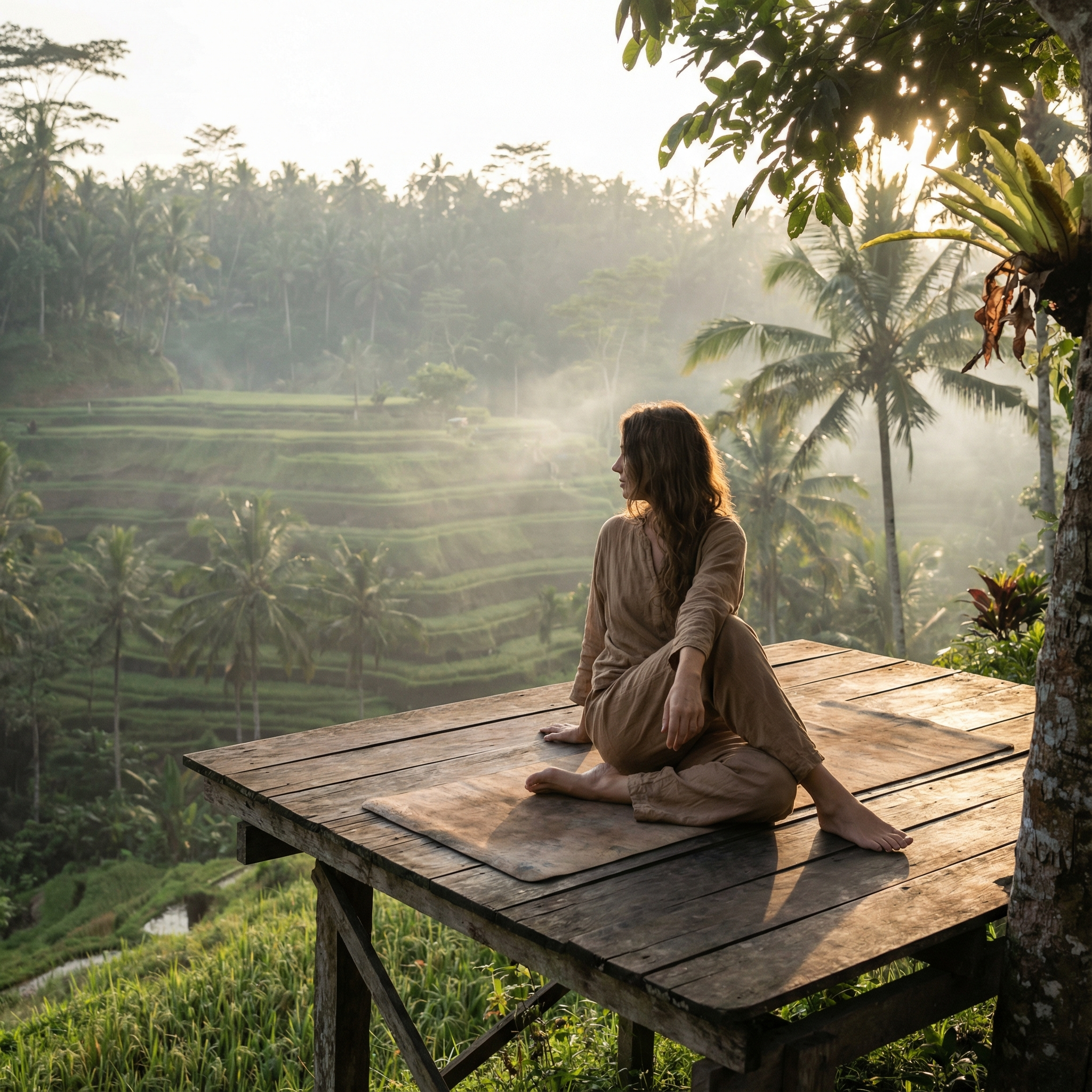 Outdoor yoga in Bali overlooking rice terraces, a popular setting for wellness retreats