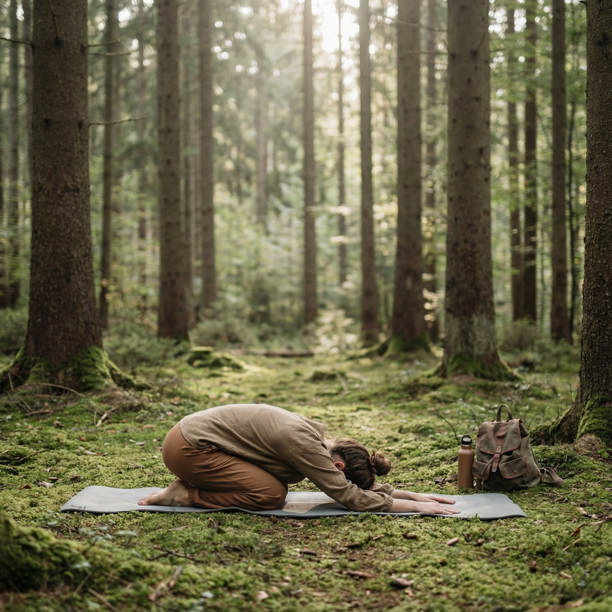 Beginner yoga pose practiced outdoors in a natural setting, ideal for travelers