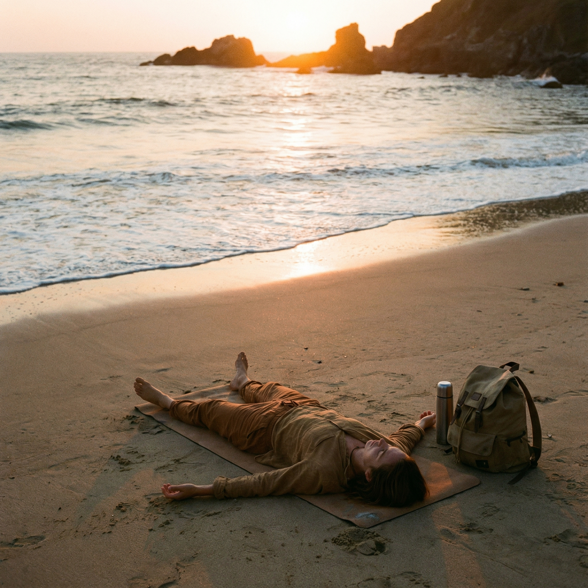 Traveler resting in savasana outdoors near the ocean, emphasizing slow and mindful travel