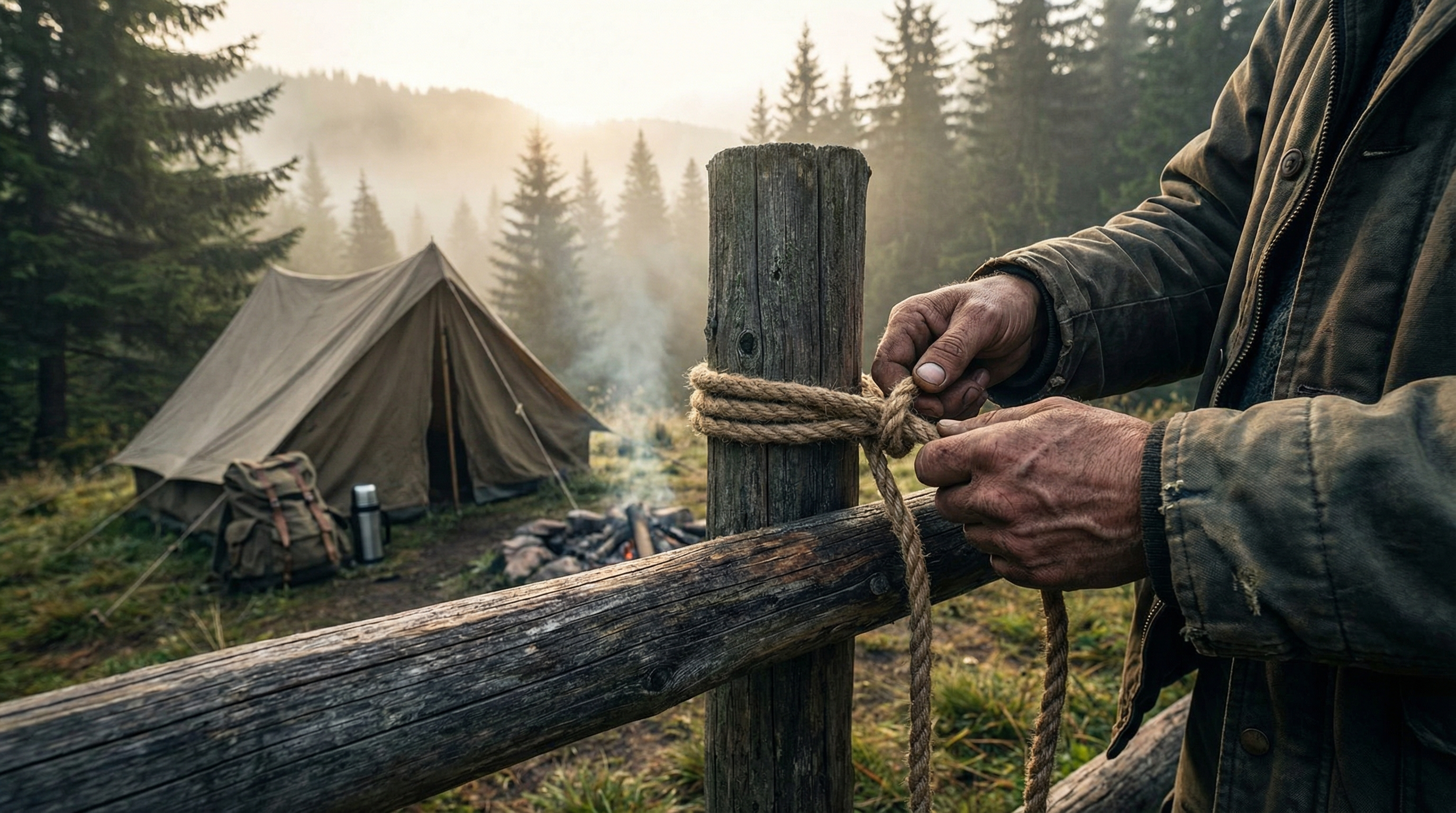 Weathered hands tying a rope knot at a remote campsite in early morning light