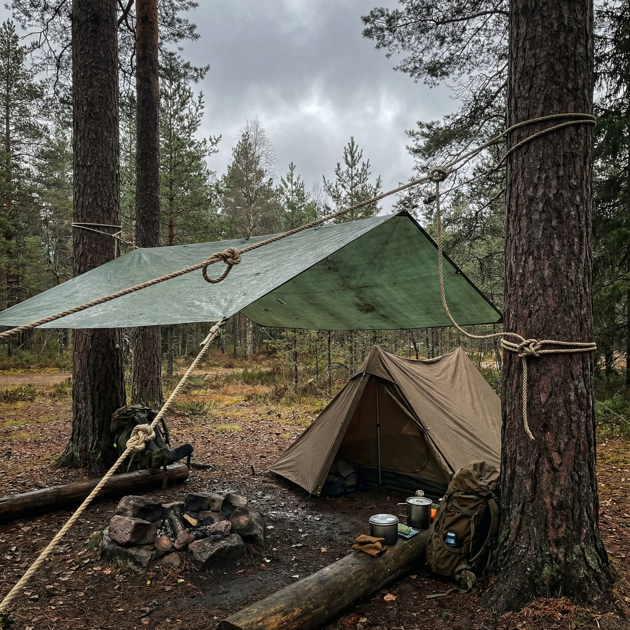 Rope knots securing a tarp between trees at a forest campsite with incoming weather