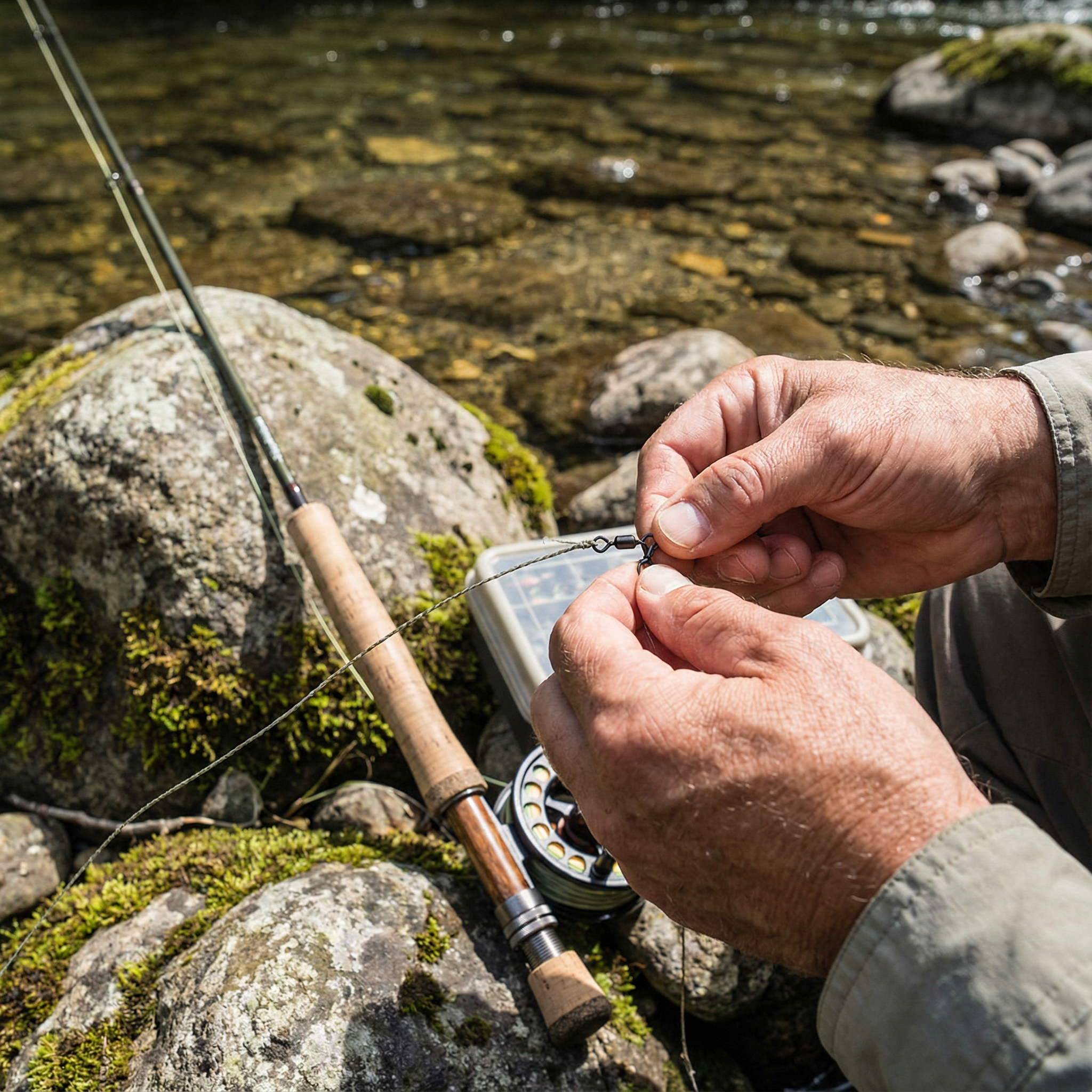 Close-up of a fishing line knot being tied near a riverbank with water flowing in the background