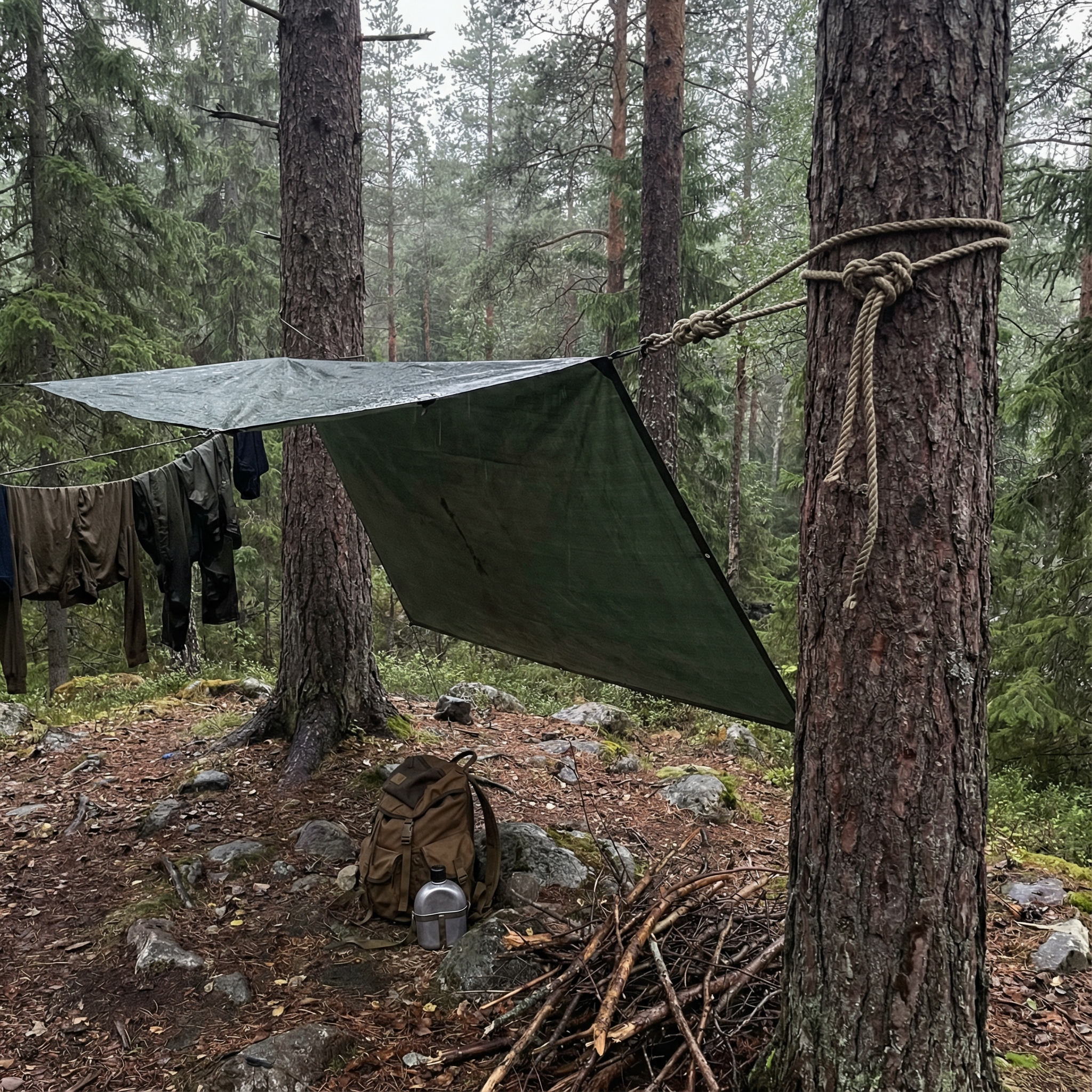 Rope knot securing a tarp shelter in a remote forest survival setup under overcast skies