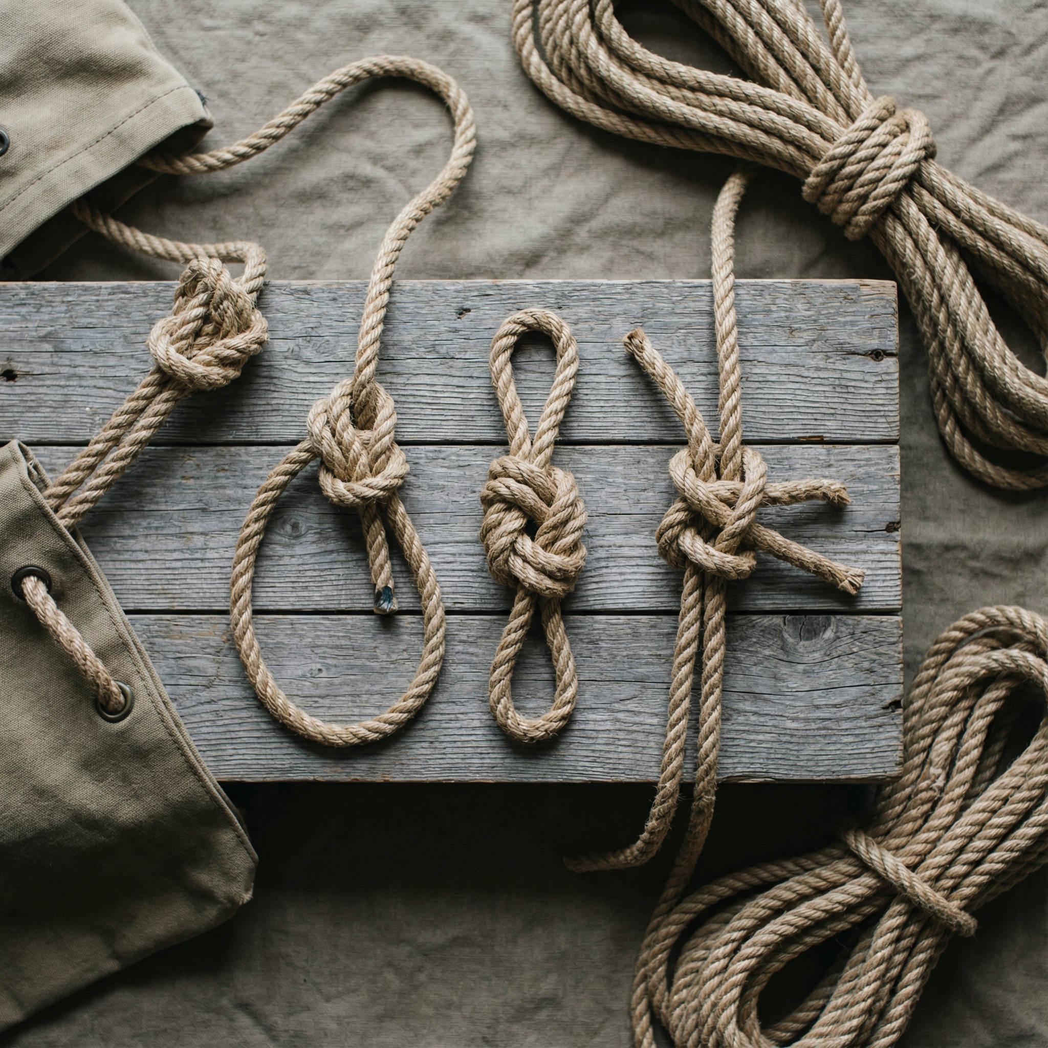 Several completed outdoor knots arranged neatly on weathered wood in natural light