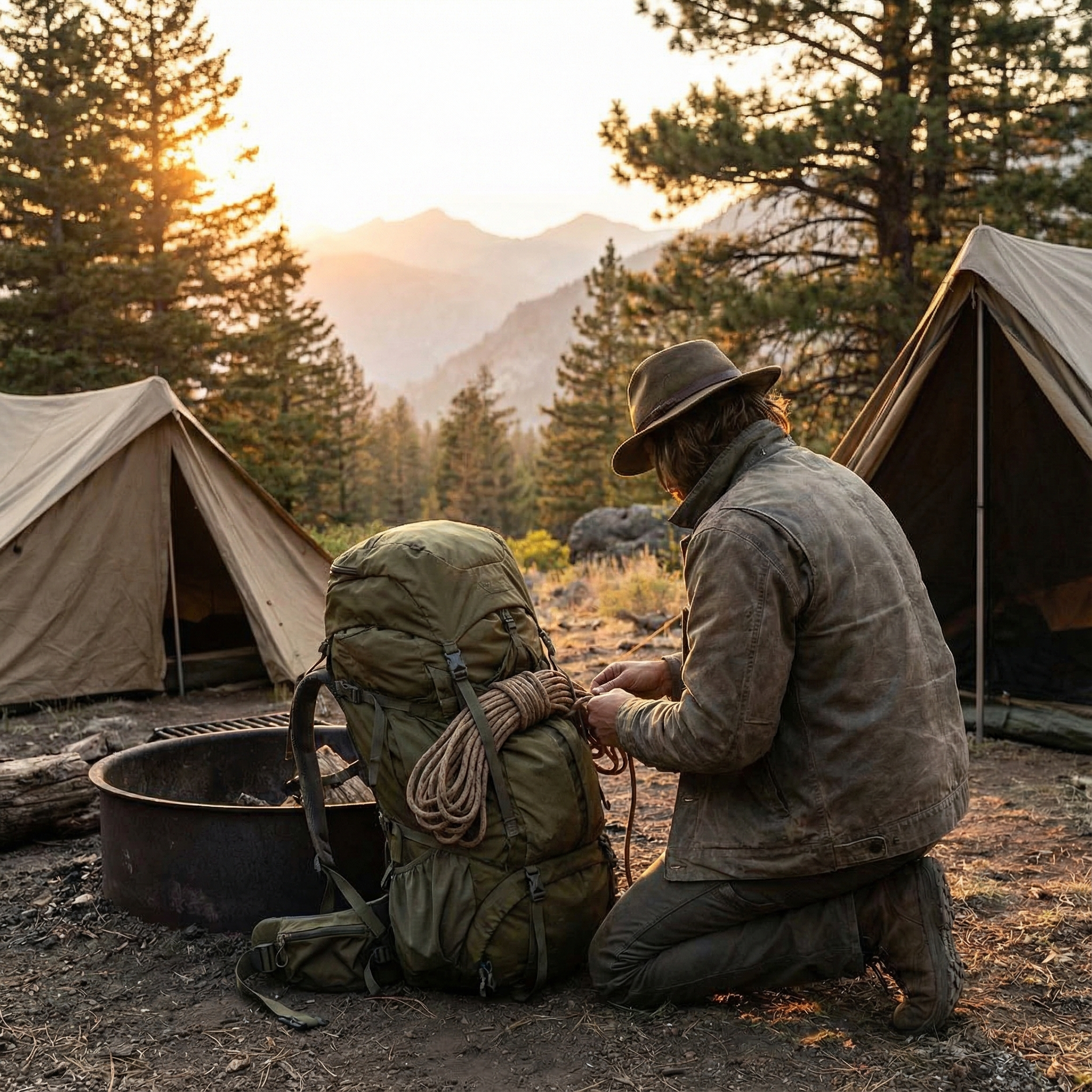Outdoor traveler securing gear to a backpack with rope at a campsite during golden hour