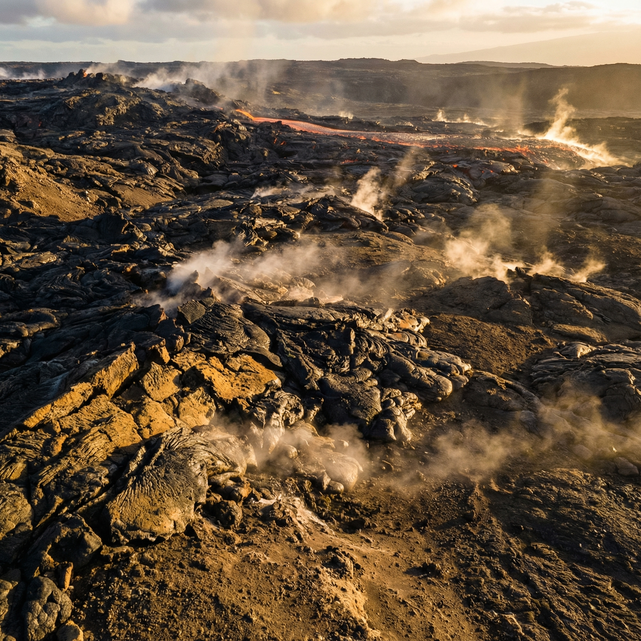 Volcanic terrain and hardened lava flows showing igneous rock formation in a raw landscape