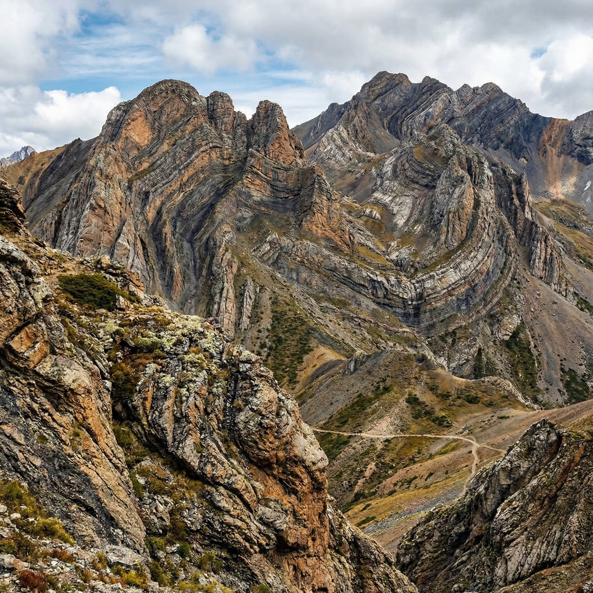 Folded mountain rock formations showing metamorphic transformation from heat and pressure