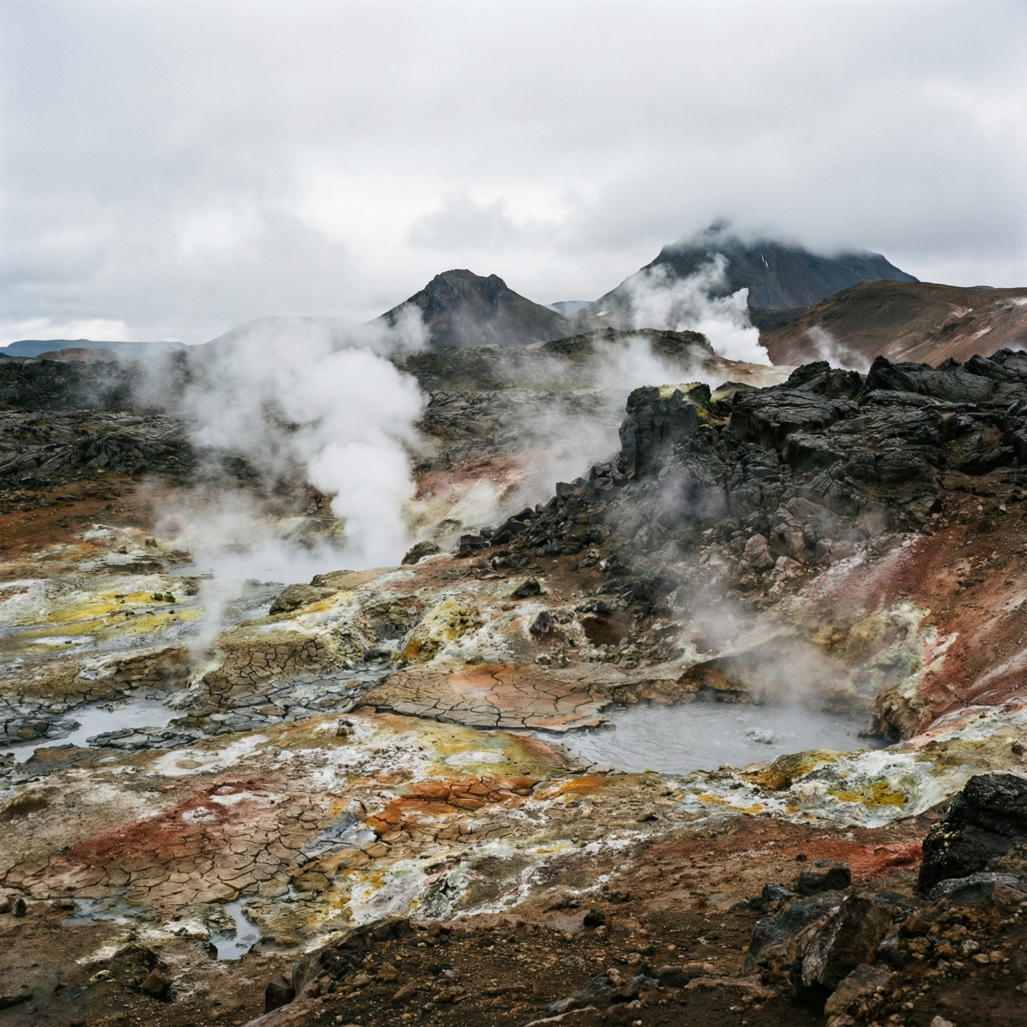 Geothermal landscape with steam and rugged terrain suggesting ongoing geological recycling and heat below
