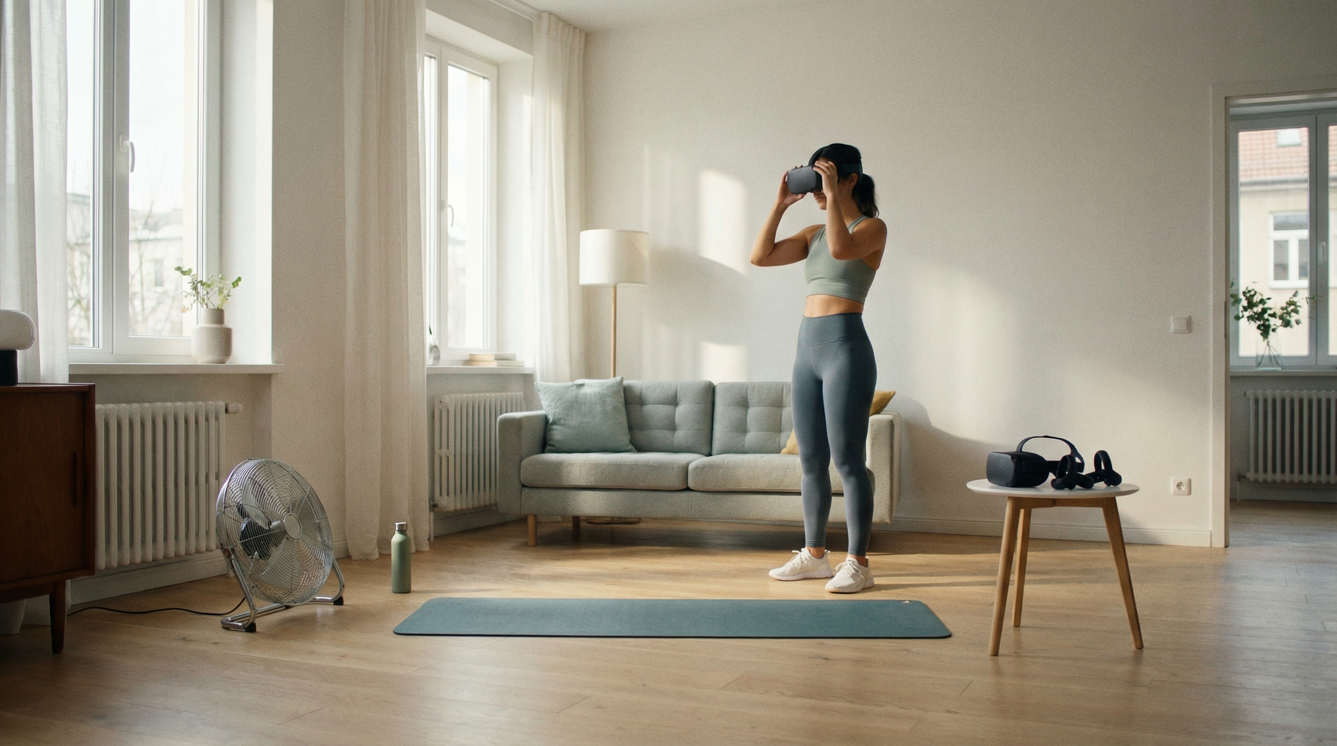 Beginner setting up for VR fitness workout in a bright home space