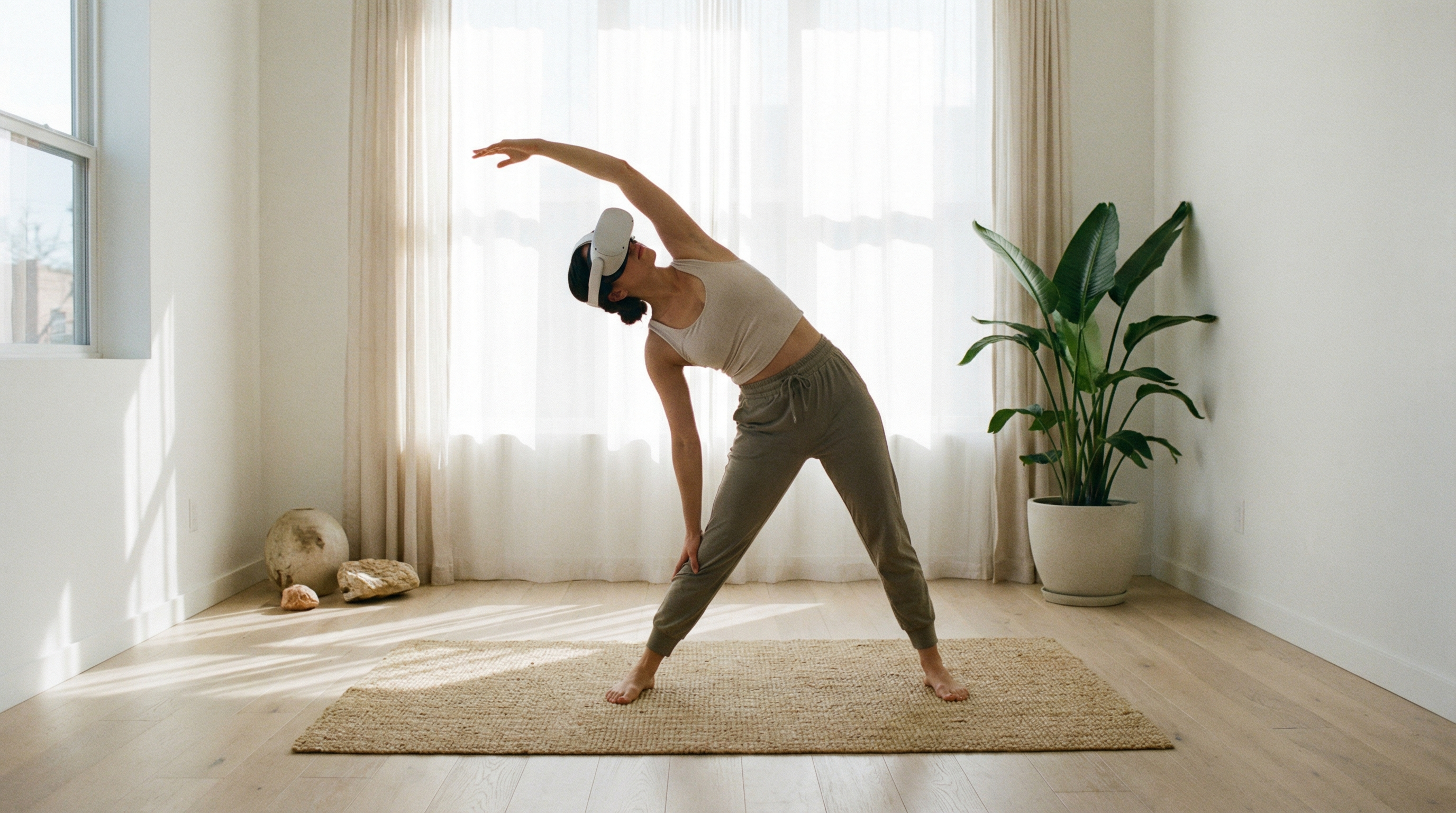 VR yoga or mobility training in a calm virtual fitness setting